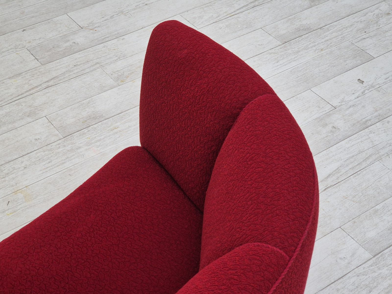 photo for sale 1960s, Danish 2 Seater Curved Sofa, Original Red Furniture Fabric.