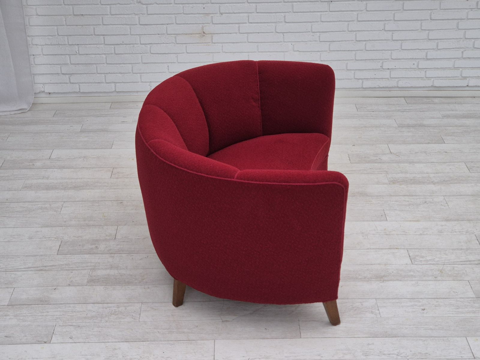 1950.0 1960s, Danish 2 Seater Curved Sofa, Original Red Furniture Fabric. photo