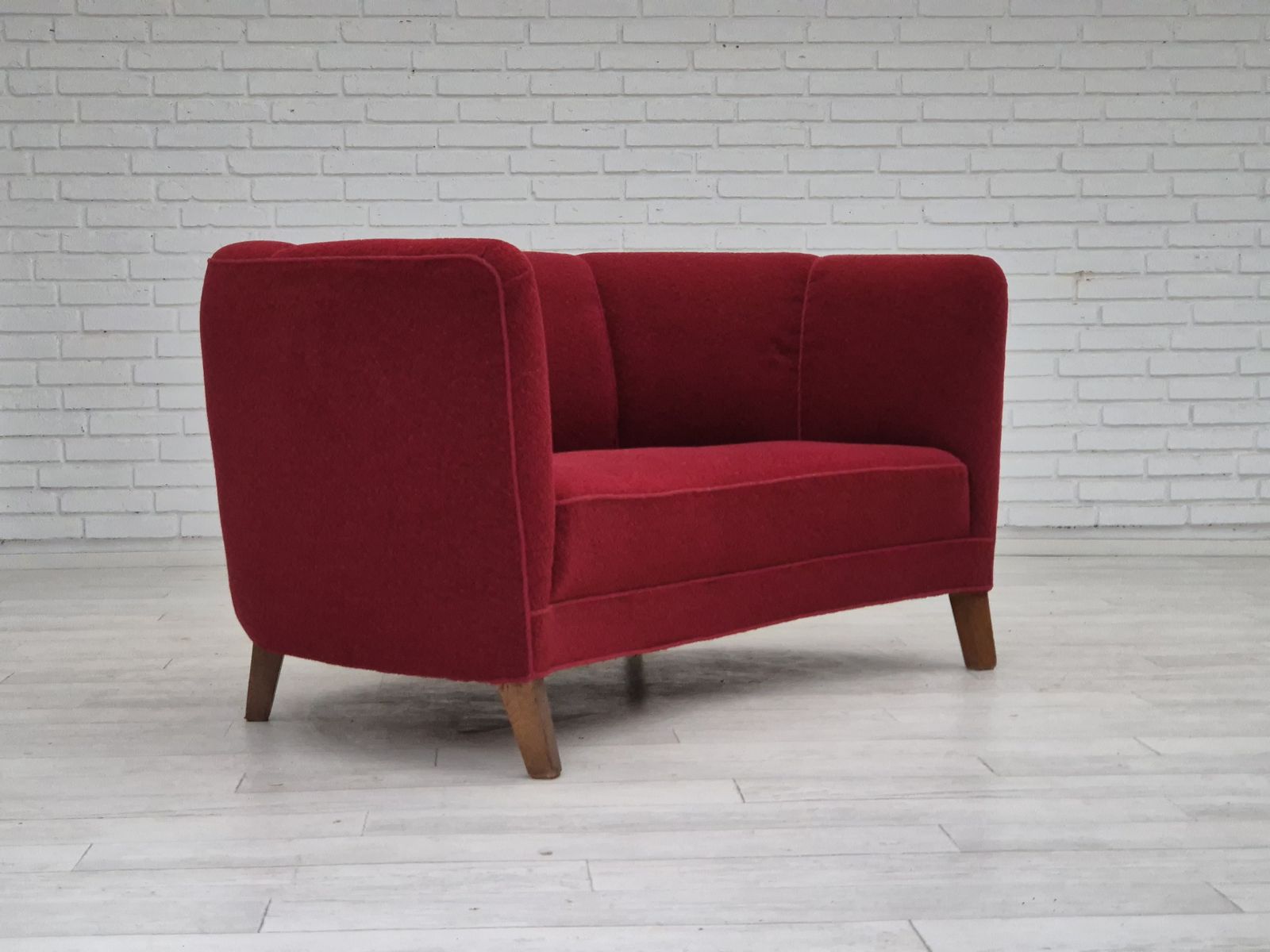 photo buy 1960s, Danish 2 Seater Curved Sofa, Original Red Furniture Fabric.