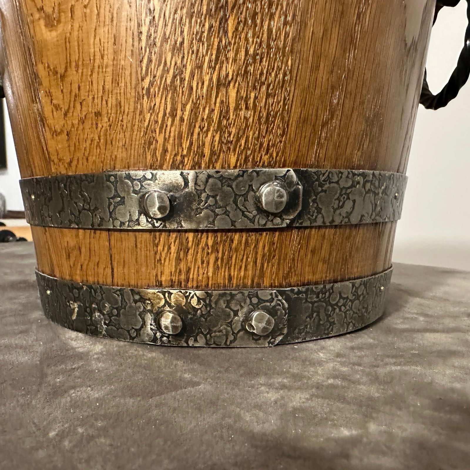 1970s Brutalist Oak Wood And Wrought Iron French Wine Cooler photo furniture