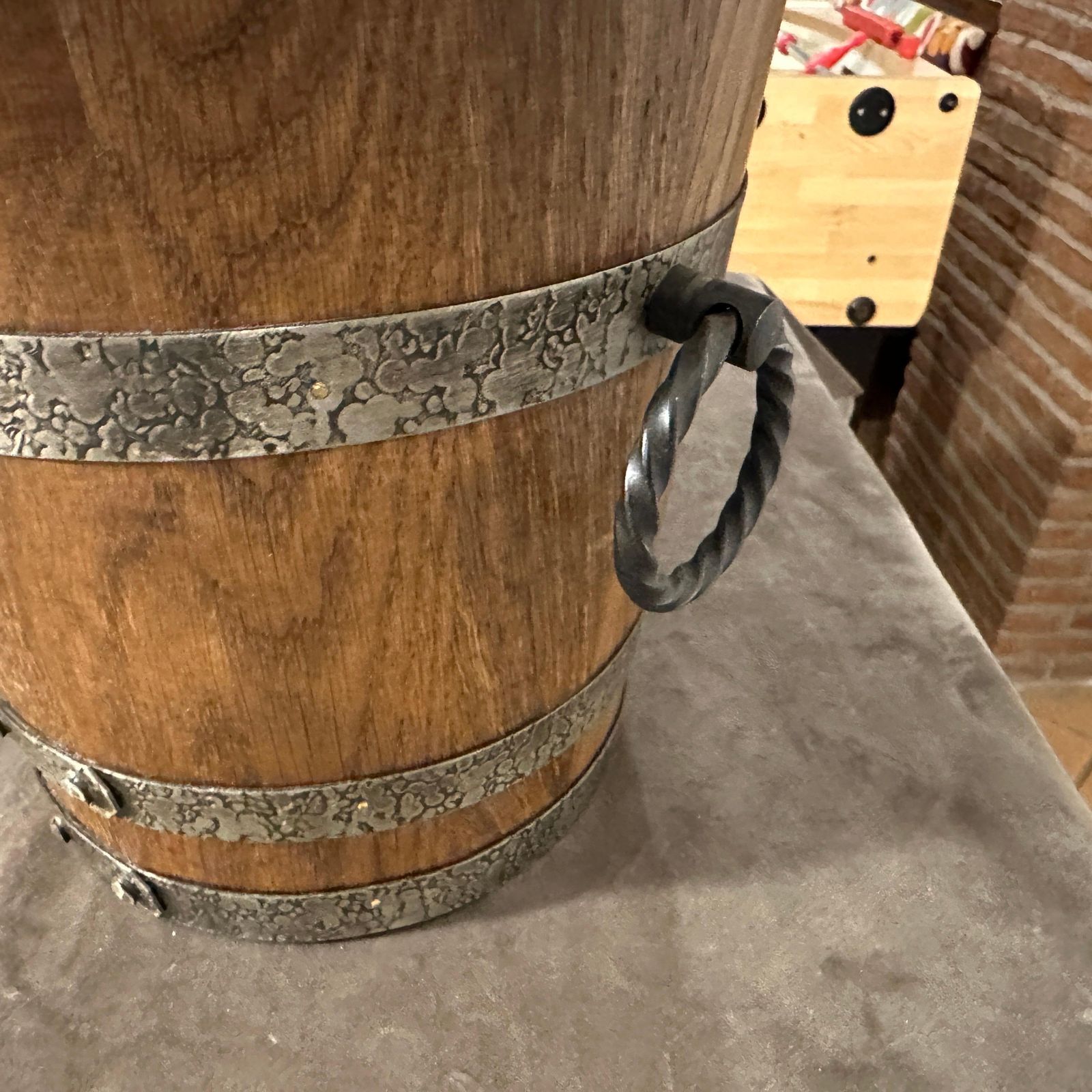 photo for sale 1970s Brutalist Oak Wood And Wrought Iron French Wine Cooler