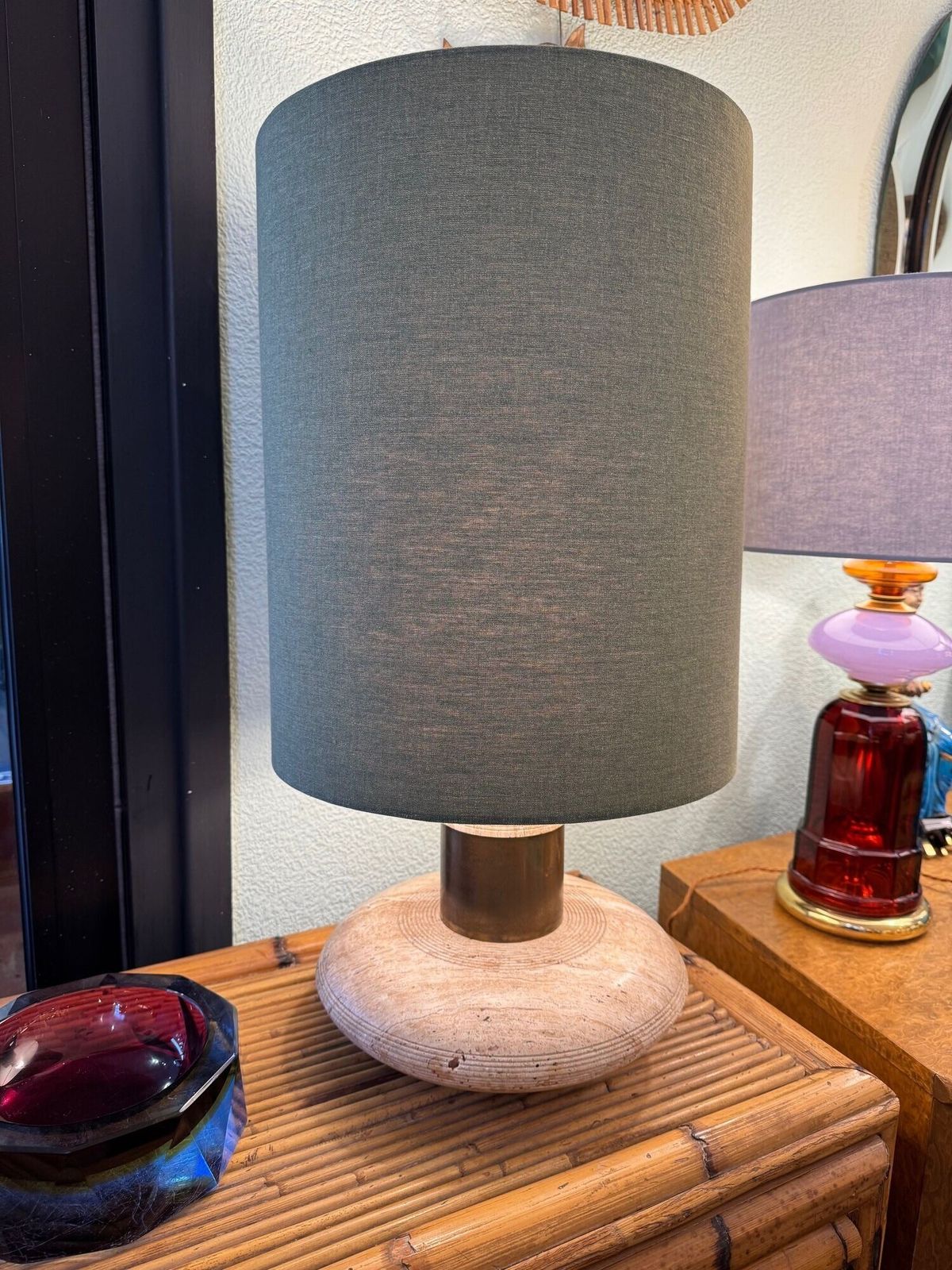 photo for sale A Large 1970s Elliptical Italian Travertine And Brass Lamp By Fratelli Mannelli