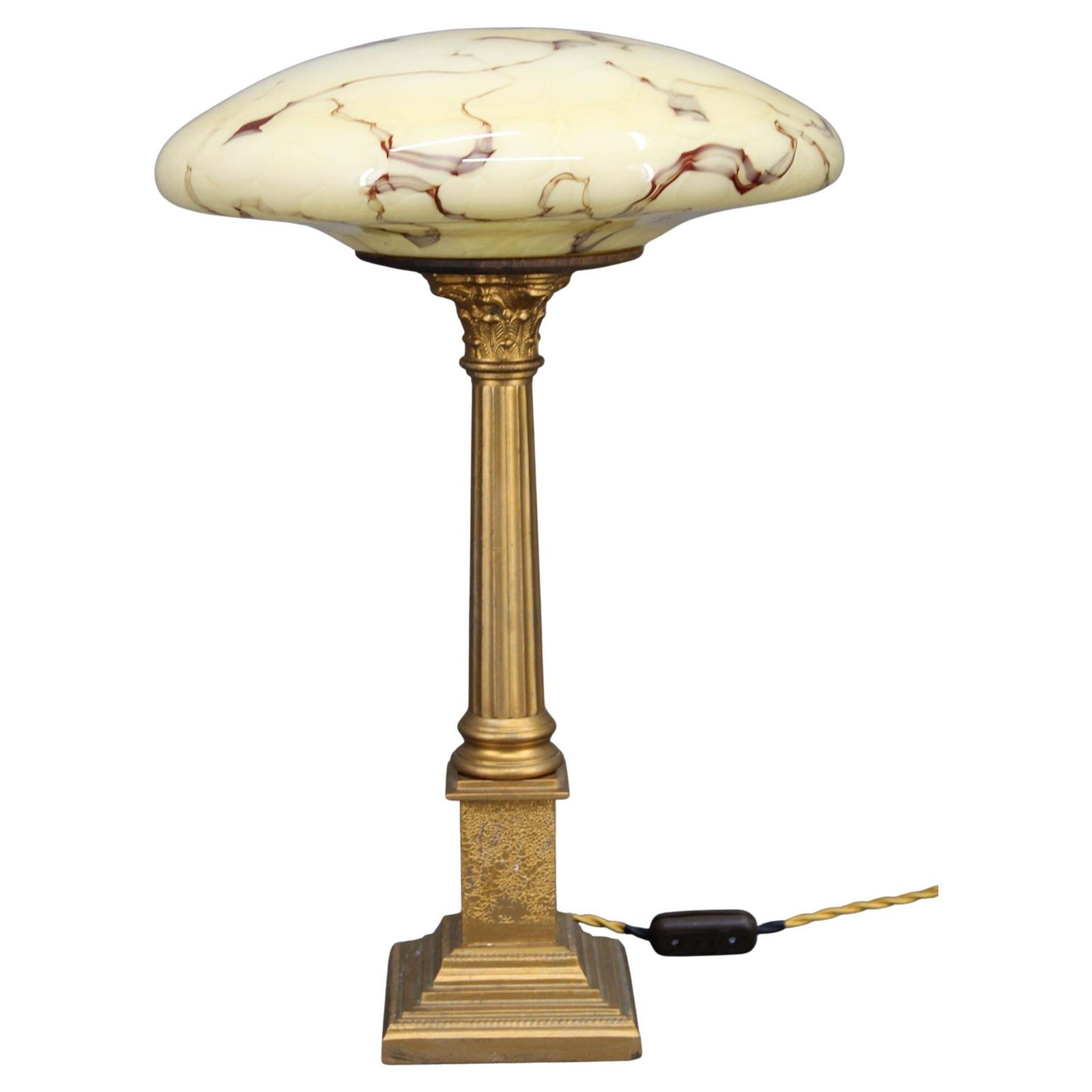 1940s Restored Brass Table Lamp With Wooden Base And Glass Shade