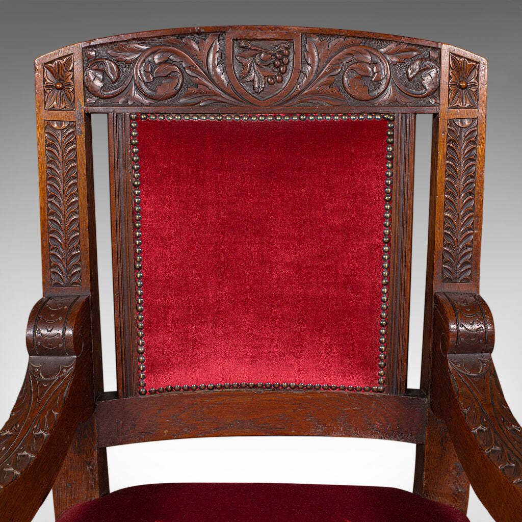 Antique Morning Room Elbow Chair, Scottish, Oak, Gothic Revival Seat, Victorian photo vintage