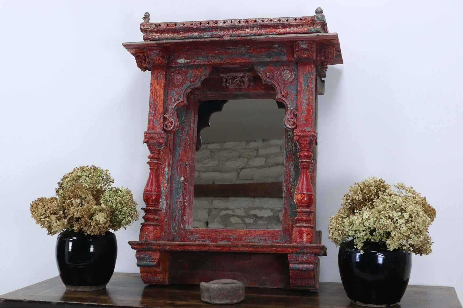 Early 19th Century Polychromed Indian Hand Carved Mirrored Shrine (2)