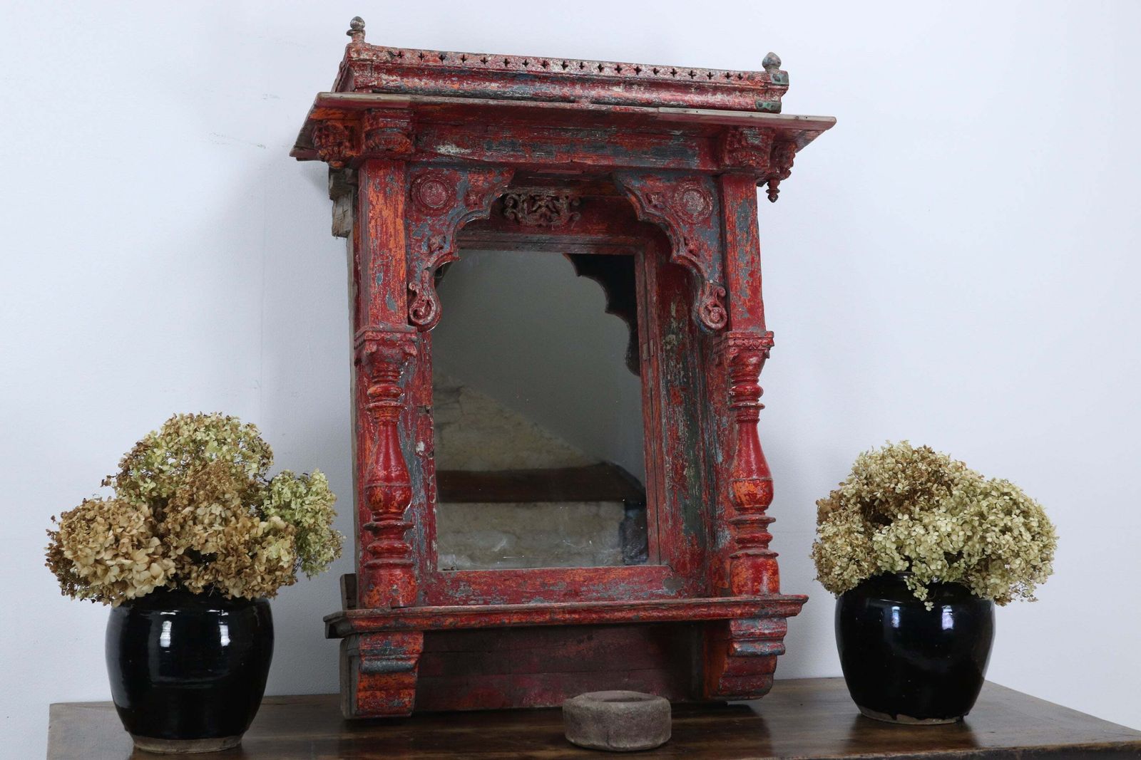 Early 19th Century Polychromed Indian Hand Carved Mirrored Shrine (2) photo for sale