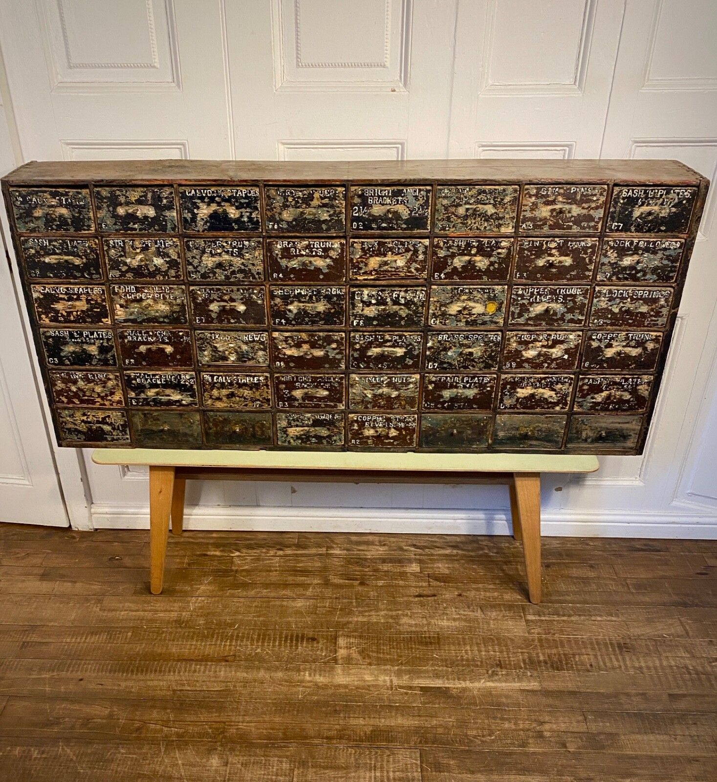 Antique English Large Bank Of 48 Ironmongers Shop Drawers. Industrial Storage. photo Furniture