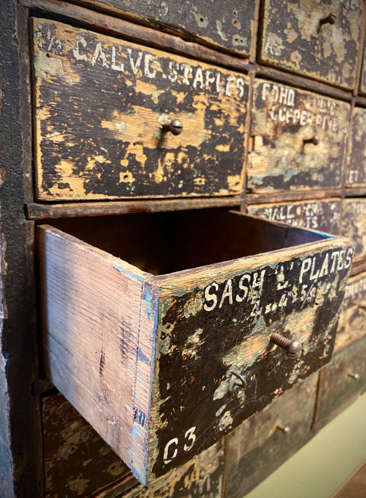 Antique English Large Bank Of 48 Ironmongers Shop Drawers. Industrial Storage. photo buy