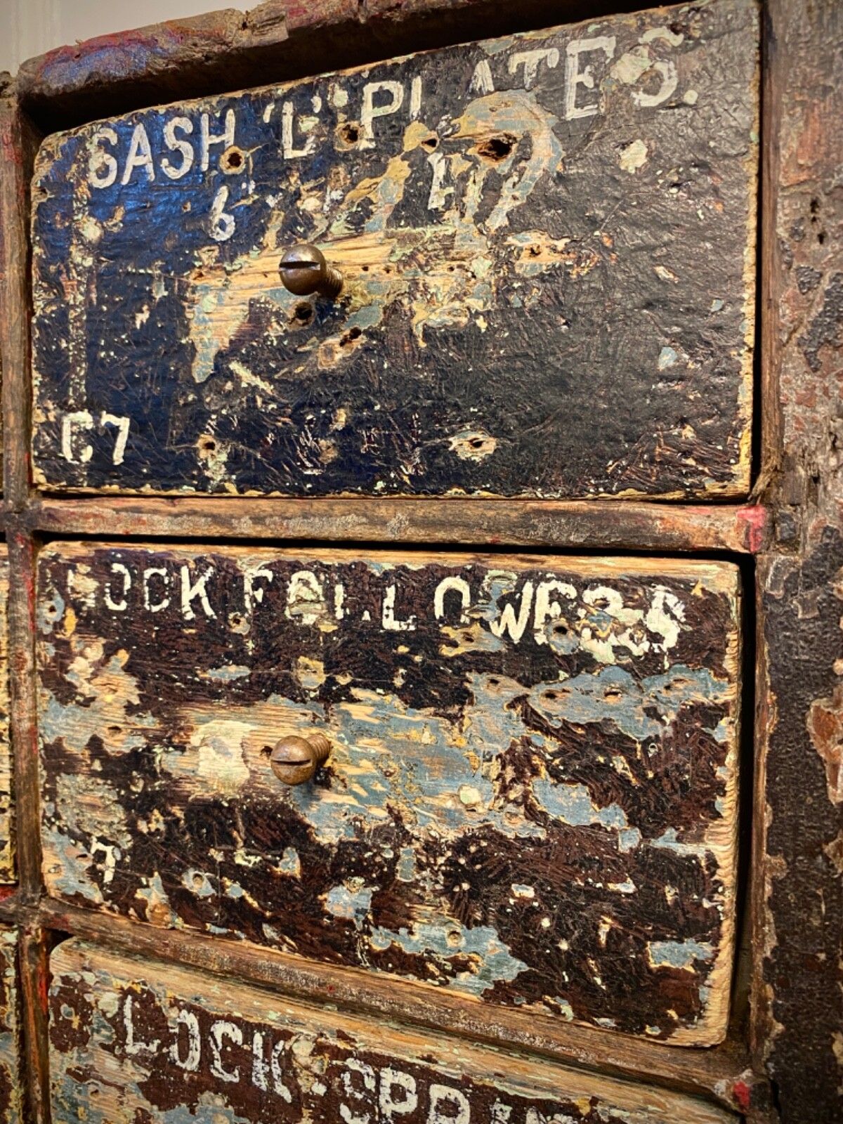 photo for sale Antique English Large Bank Of 48 Ironmongers Shop Drawers. Industrial Storage.