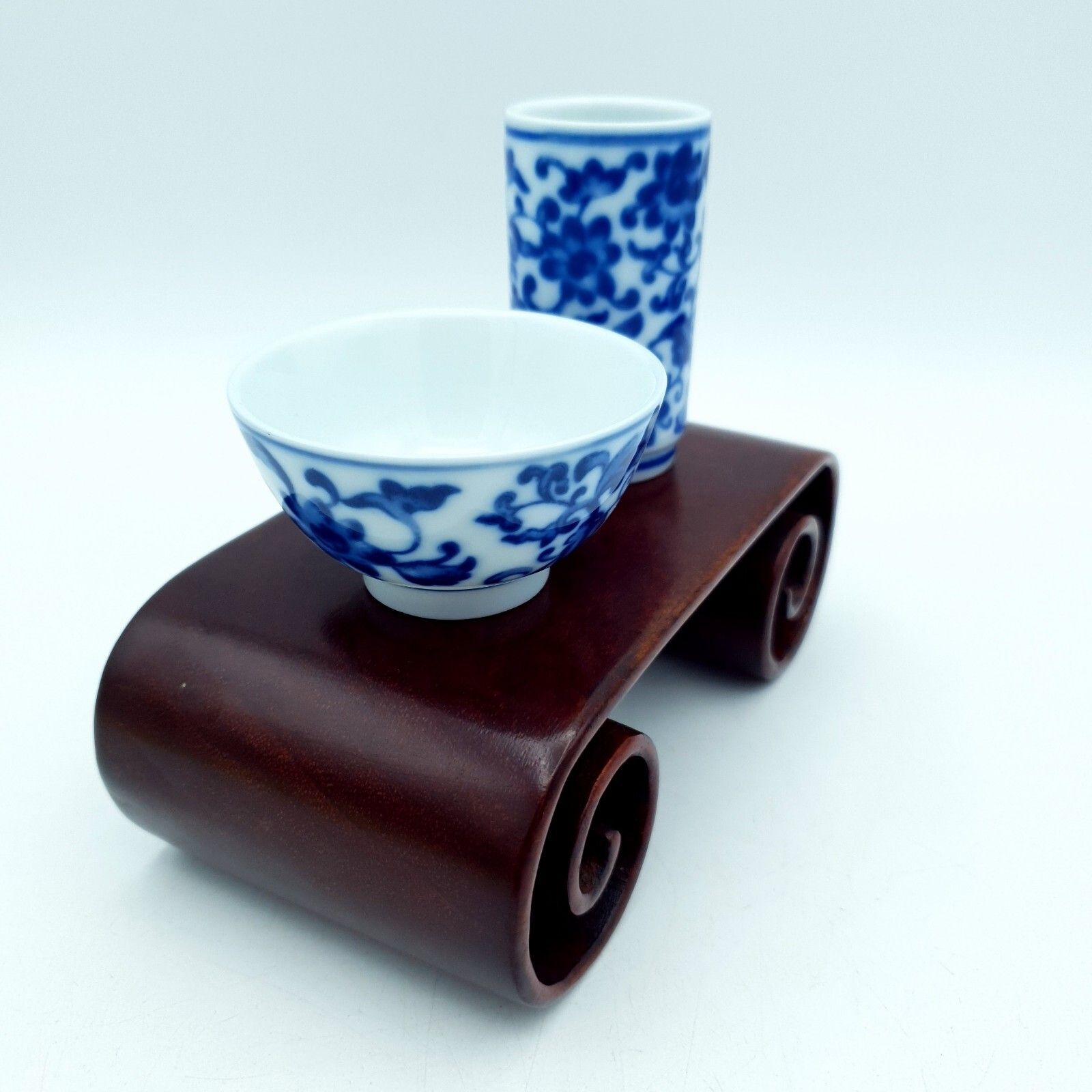 Chinese Tea Wine Tasting Set Wood Scroll Base Da Qing Guangxu Nian Zhi Repro photo for sale