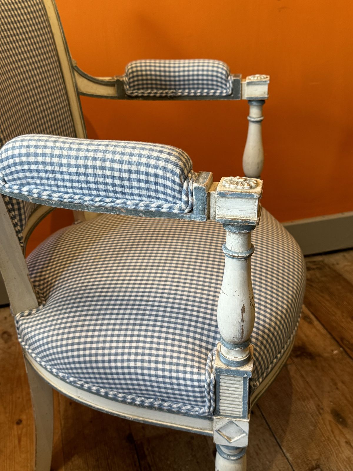 Pair Of Vintage French Painted Armchairs Upholstered In Blue & White Check Linen photo buy