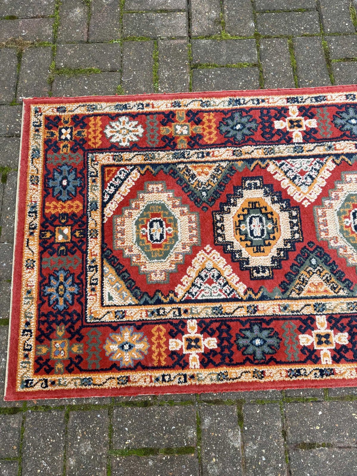 Vibrant Retro Wool Rug With Geometric Aztec Like Pattern   80cm X 150cm photo for sale