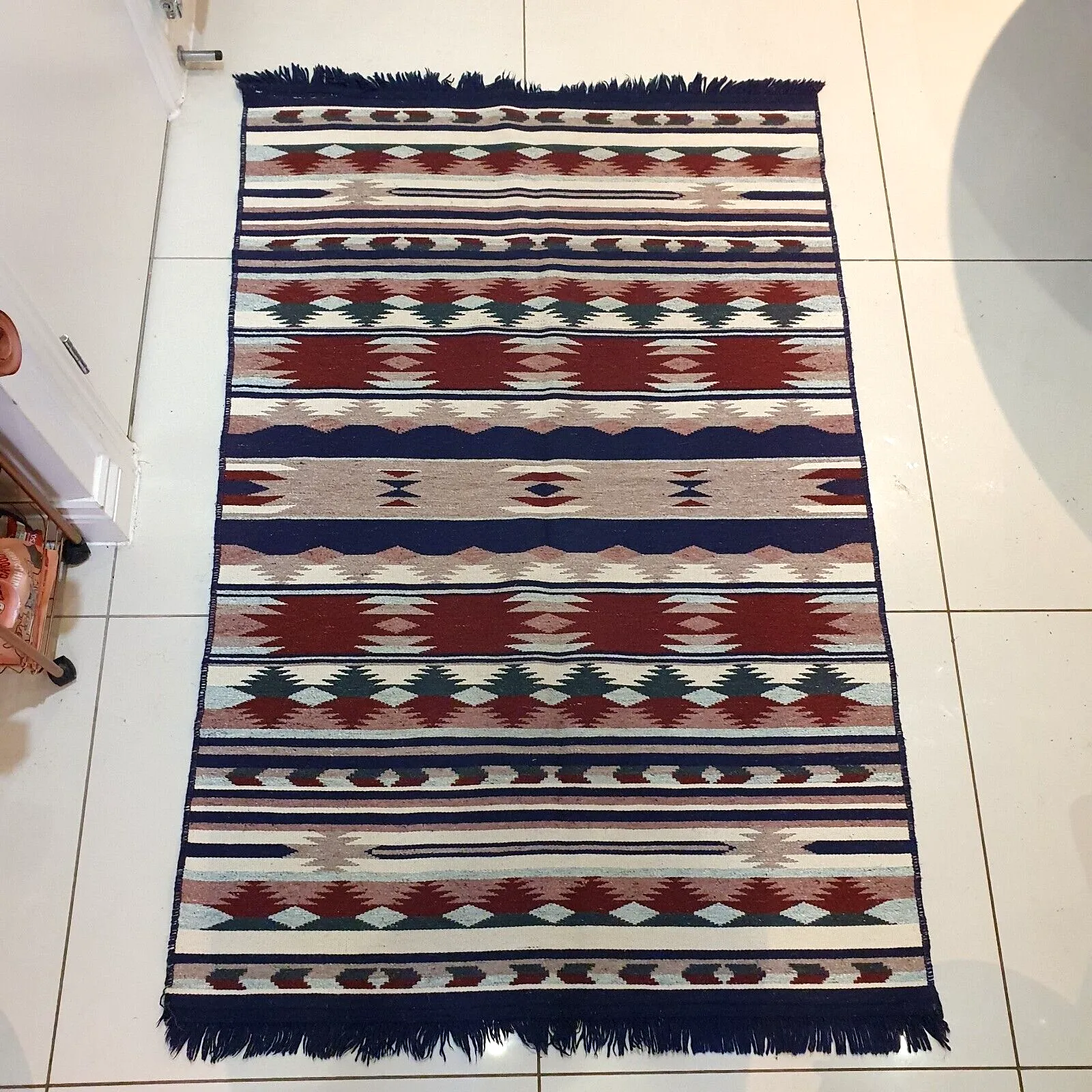 Handwoven Mexican Zapotec Wool Rug Geometric Pattern Mid Century 58" X 39" Vtg