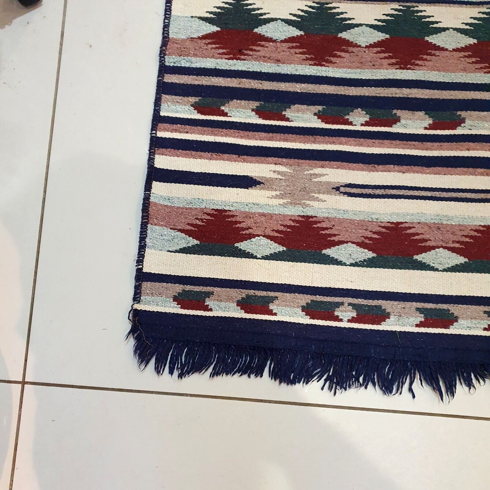 Handwoven Mexican Zapotec Wool Rug Geometric Pattern Mid Century 58" X 39" Vtg photo 165.0