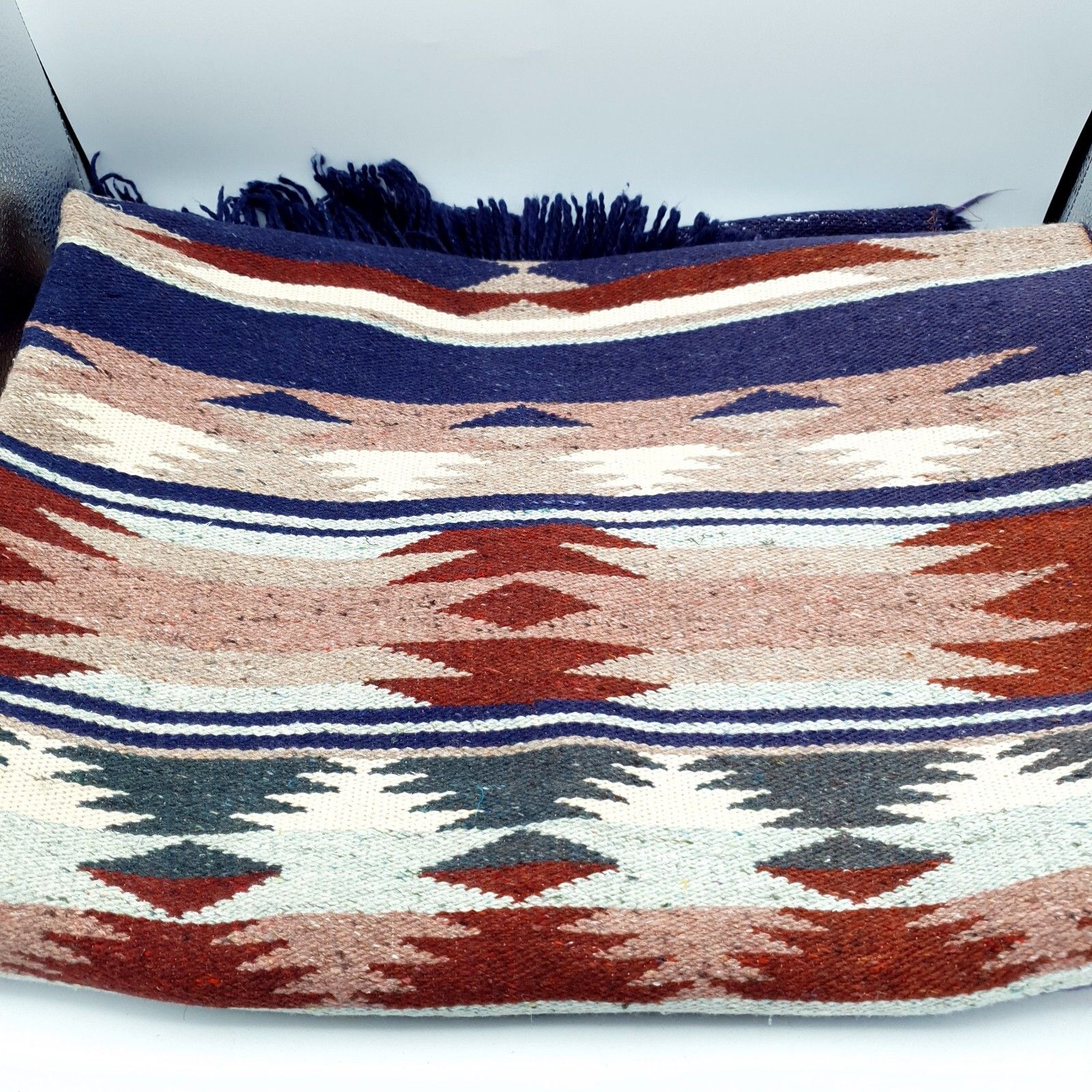 Textiles Handwoven Mexican Zapotec Wool Rug Geometric Pattern Mid Century 58" X 39" Vtg photo