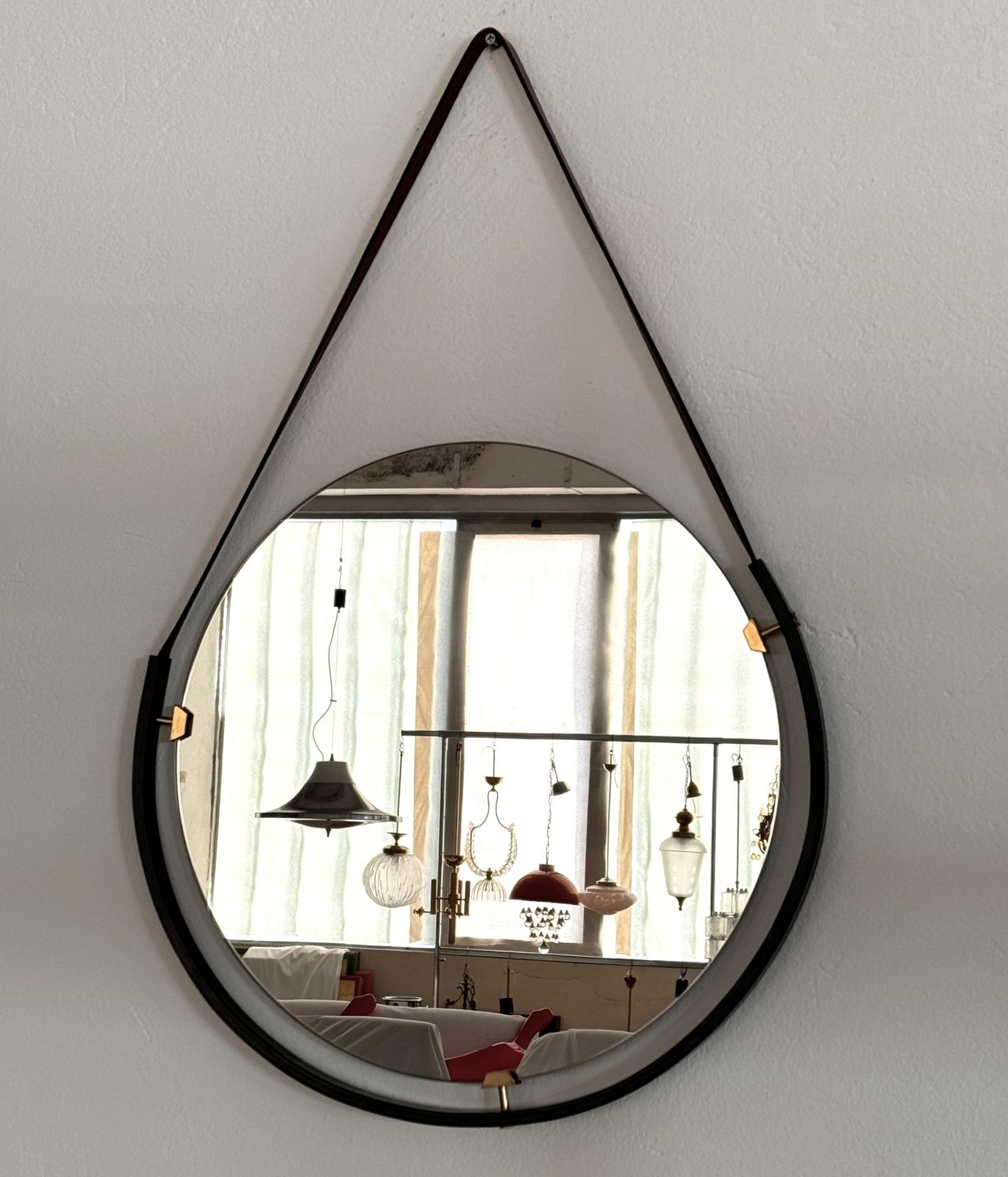 Italian Floating Wall Mirror With Leather Strap And Brass Details, 1960s photo 880.0