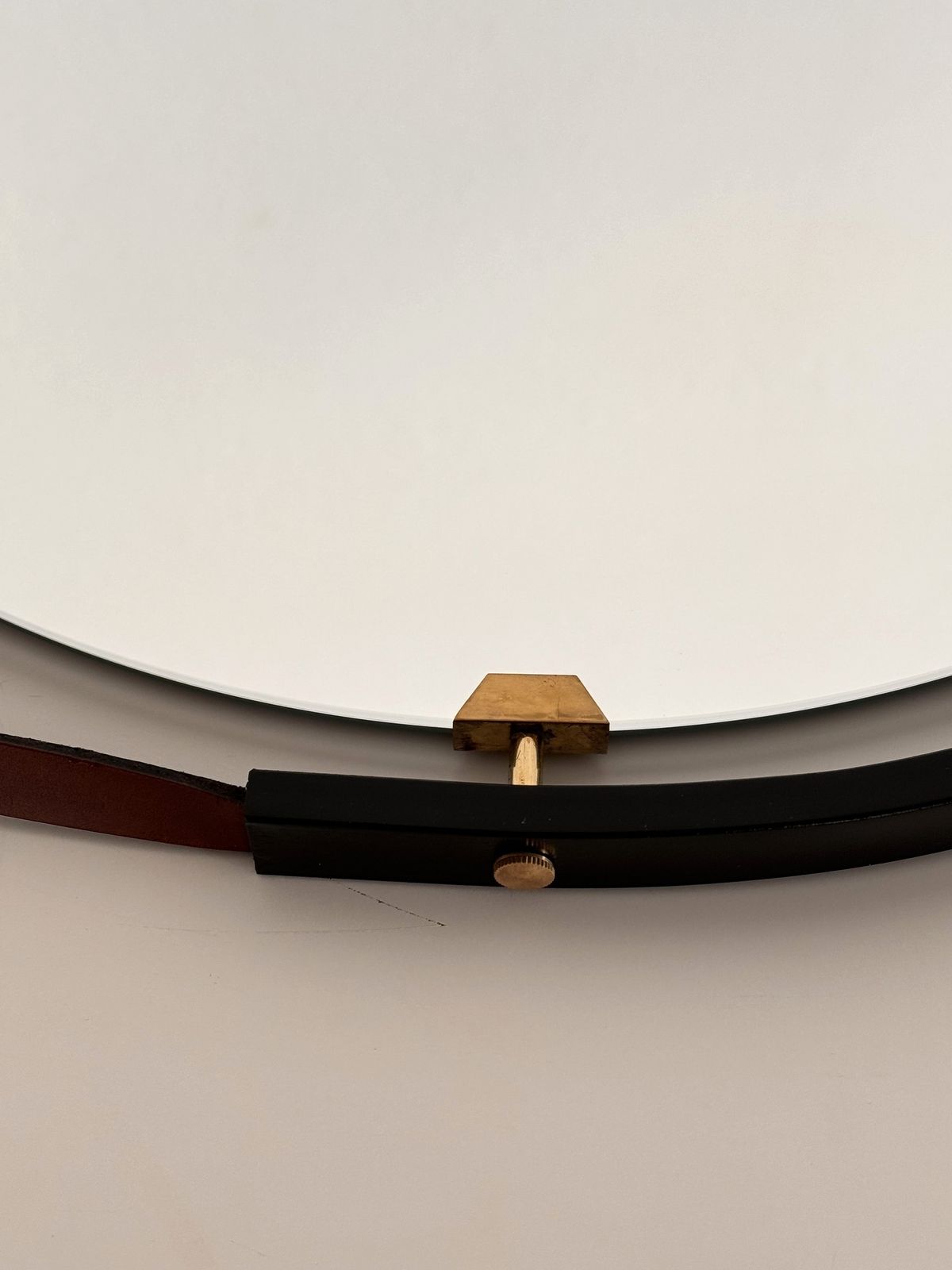 photo furniture Italian Floating Wall Mirror With Leather Strap And Brass Details, 1960s