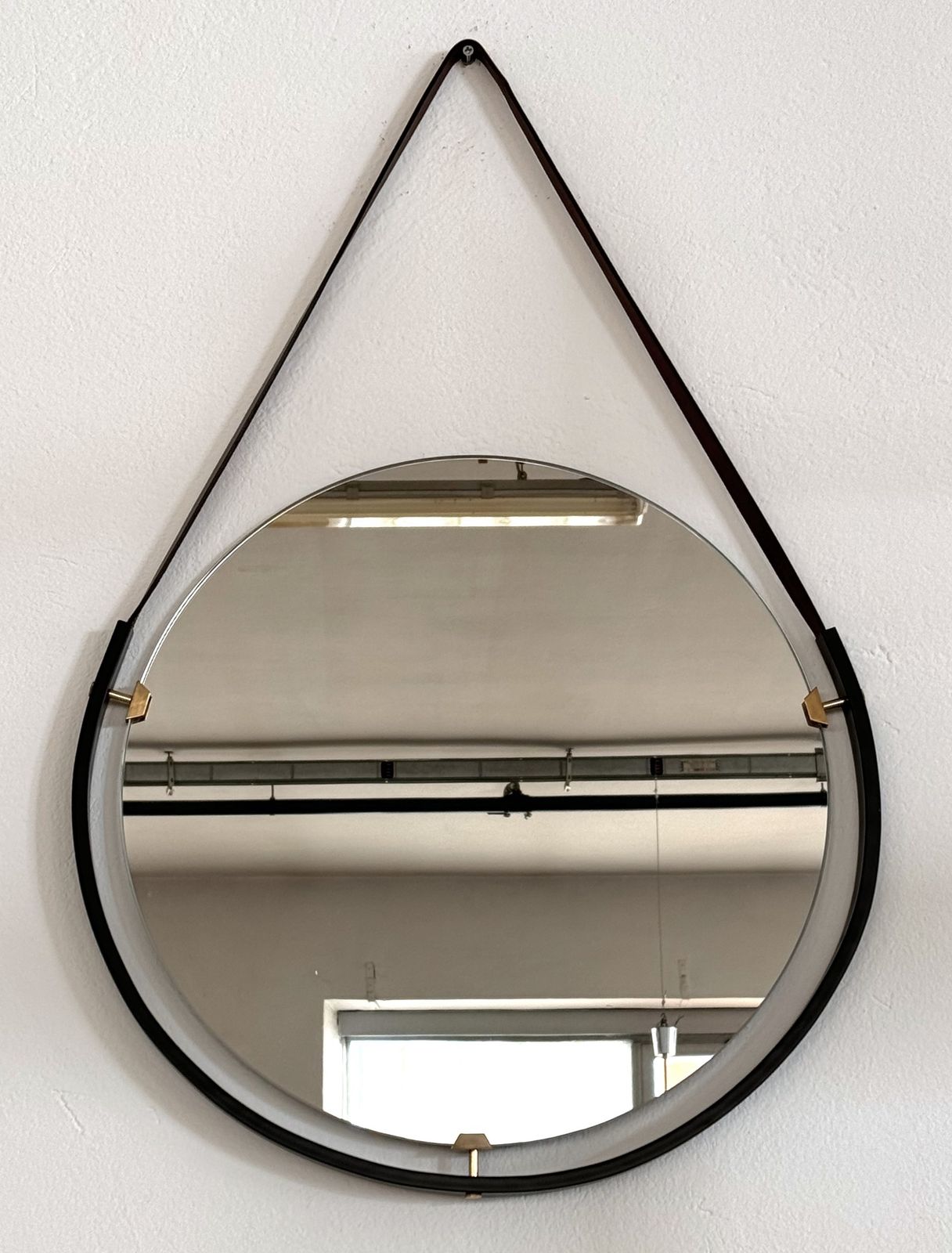 Italian Floating Wall Mirror With Leather Strap And Brass Details, 1960s