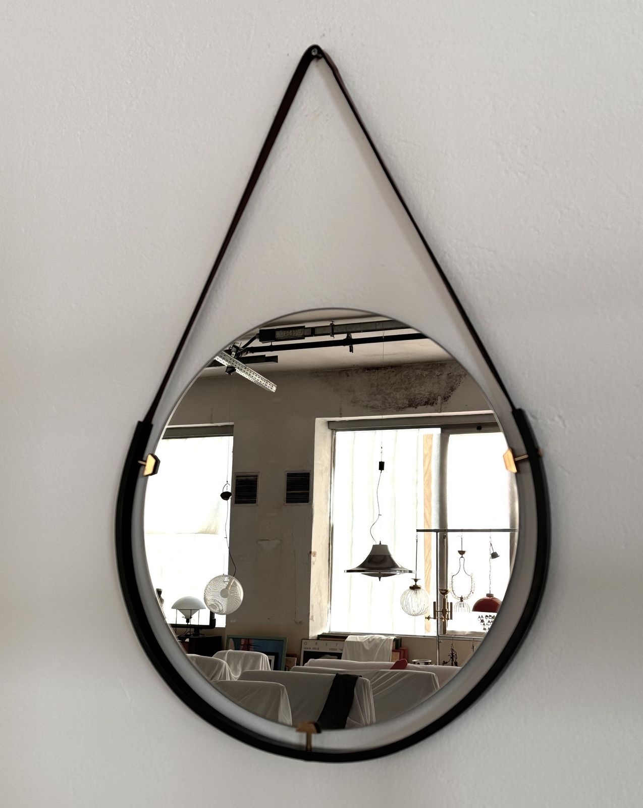photo vintage Italian Floating Wall Mirror With Leather Strap And Brass Details, 1960s