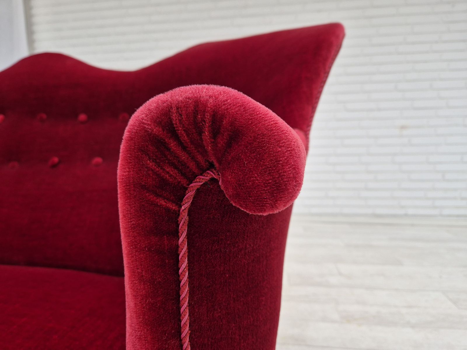 1950s, Danish 2 Seater Sofa, Cherry Red Furniture Velour, Ash Wood. photo for sale