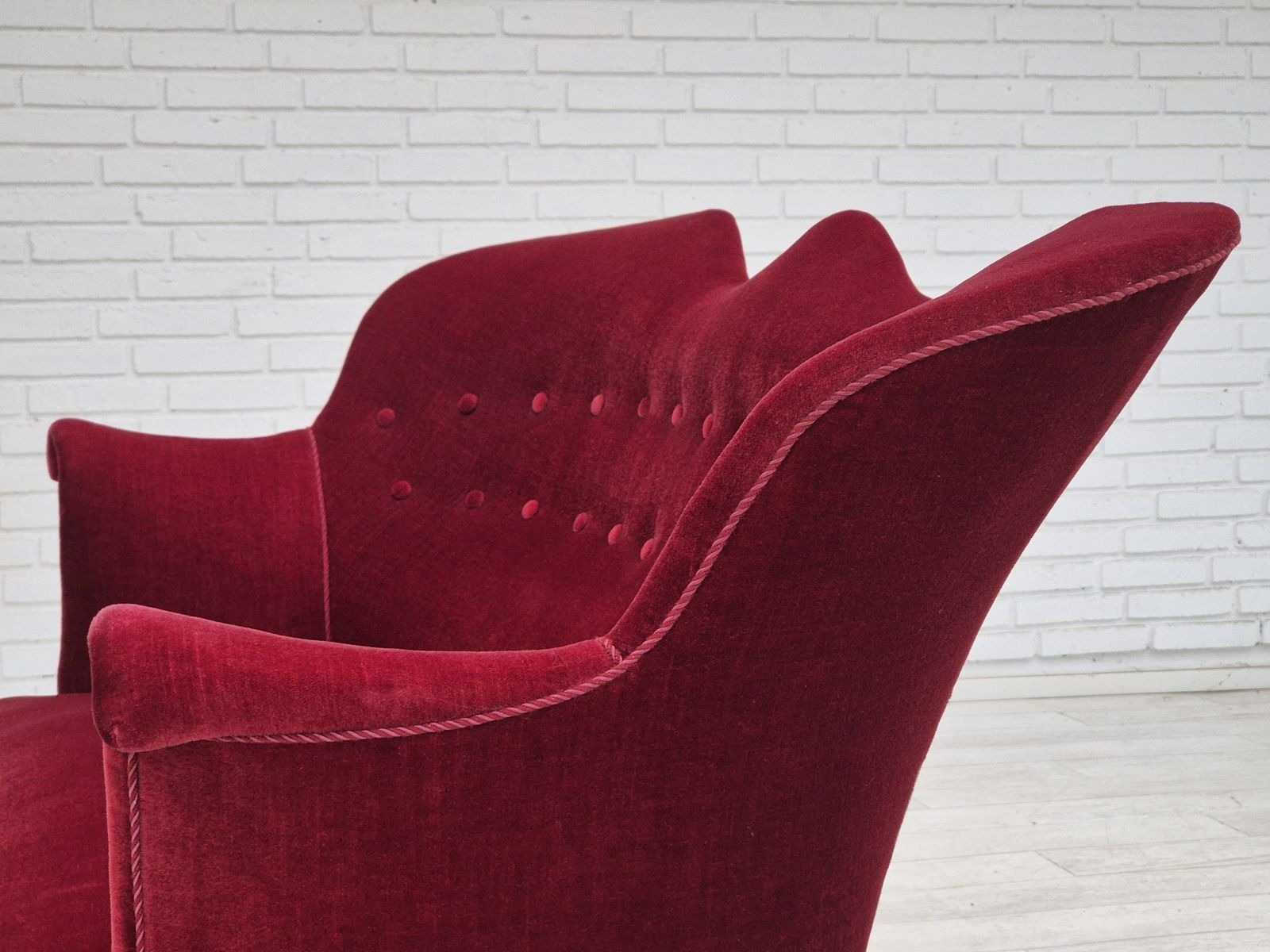 photo for sale 1950s, Danish 2 Seater Sofa, Cherry Red Furniture Velour, Ash Wood.