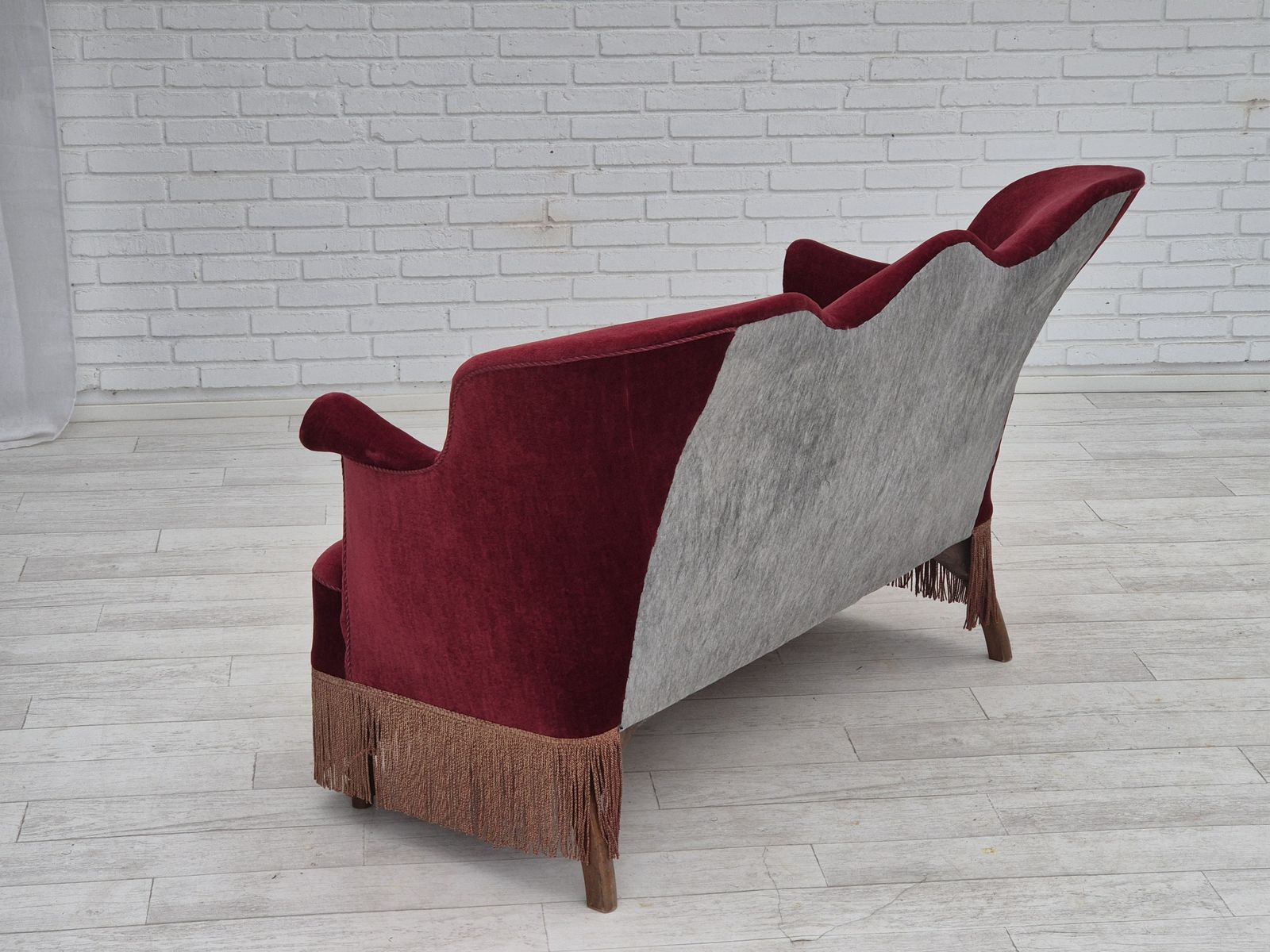 Furniture 1950s, Danish 2 Seater Sofa, Cherry Red Furniture Velour, Ash Wood. photo