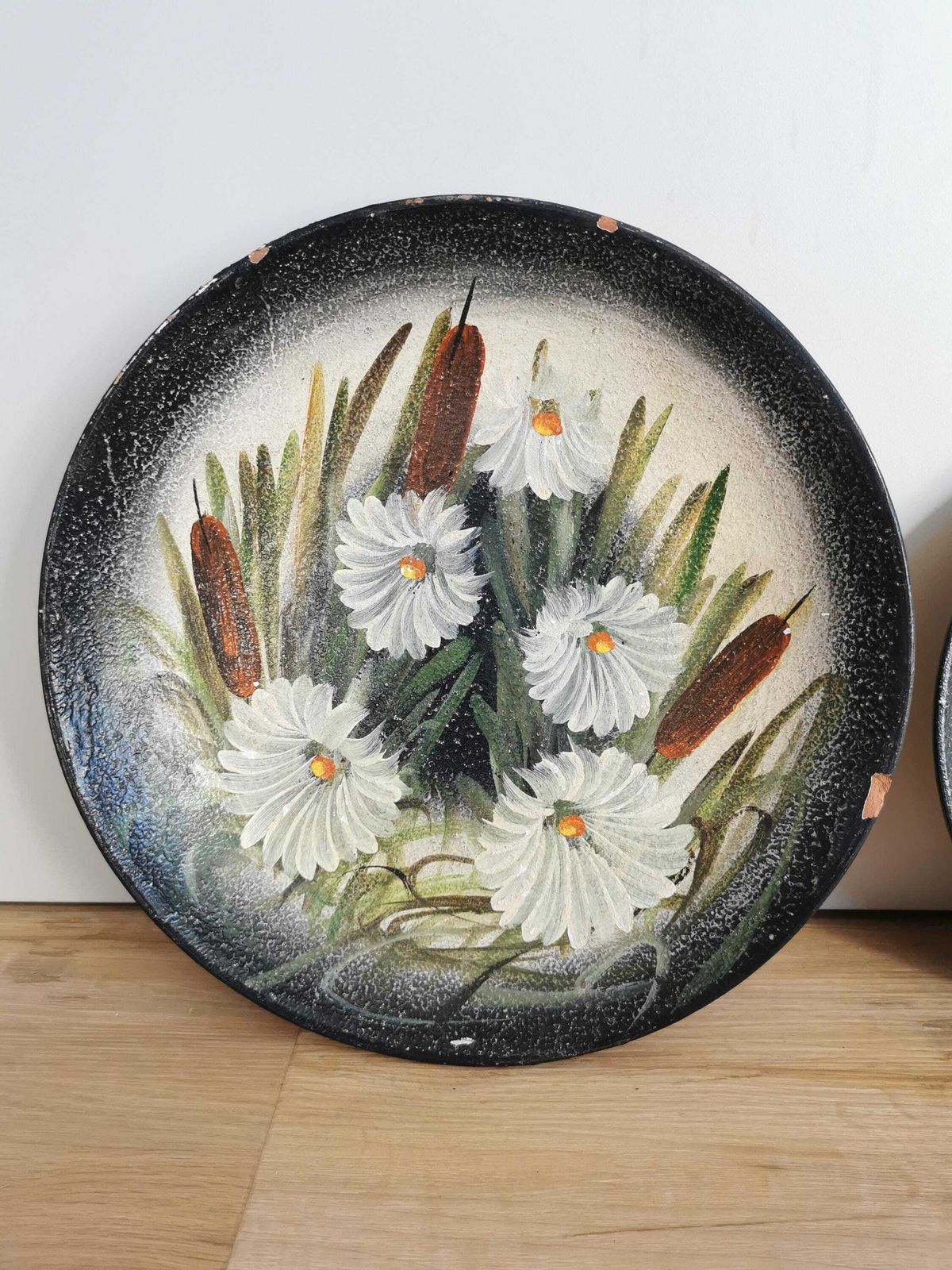 Set Of 3 Vintage Clay Wall Hanging Plates / Hand Painted Still Life Swamp Plants And White Flowers / 1970s Yugoslavia / Hand Made Home Decor photo furniture