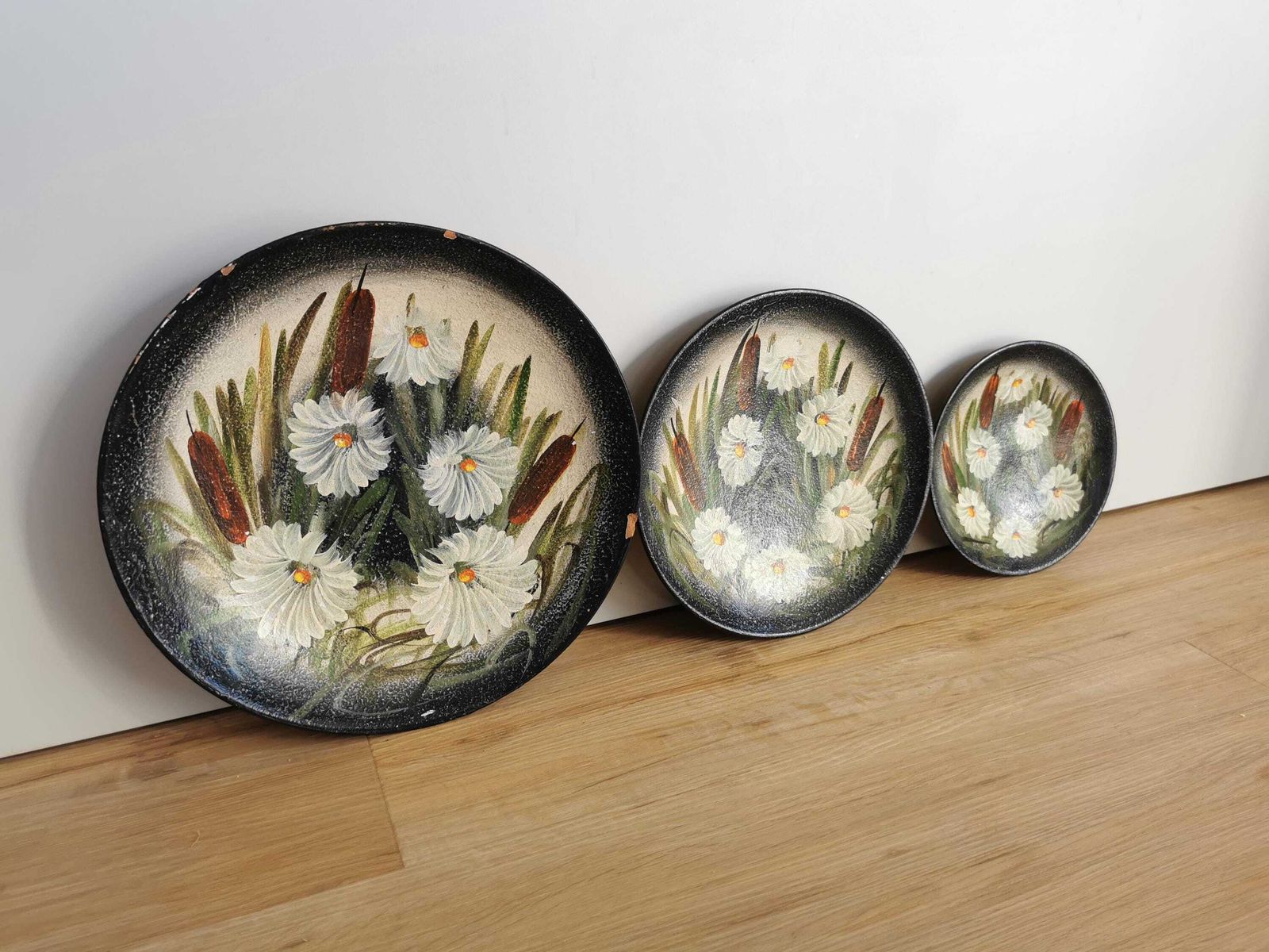 photo furniture Set Of 3 Vintage Clay Wall Hanging Plates / Hand Painted Still Life Swamp Plants And White Flowers / 1970s Yugoslavia / Hand Made Home Decor