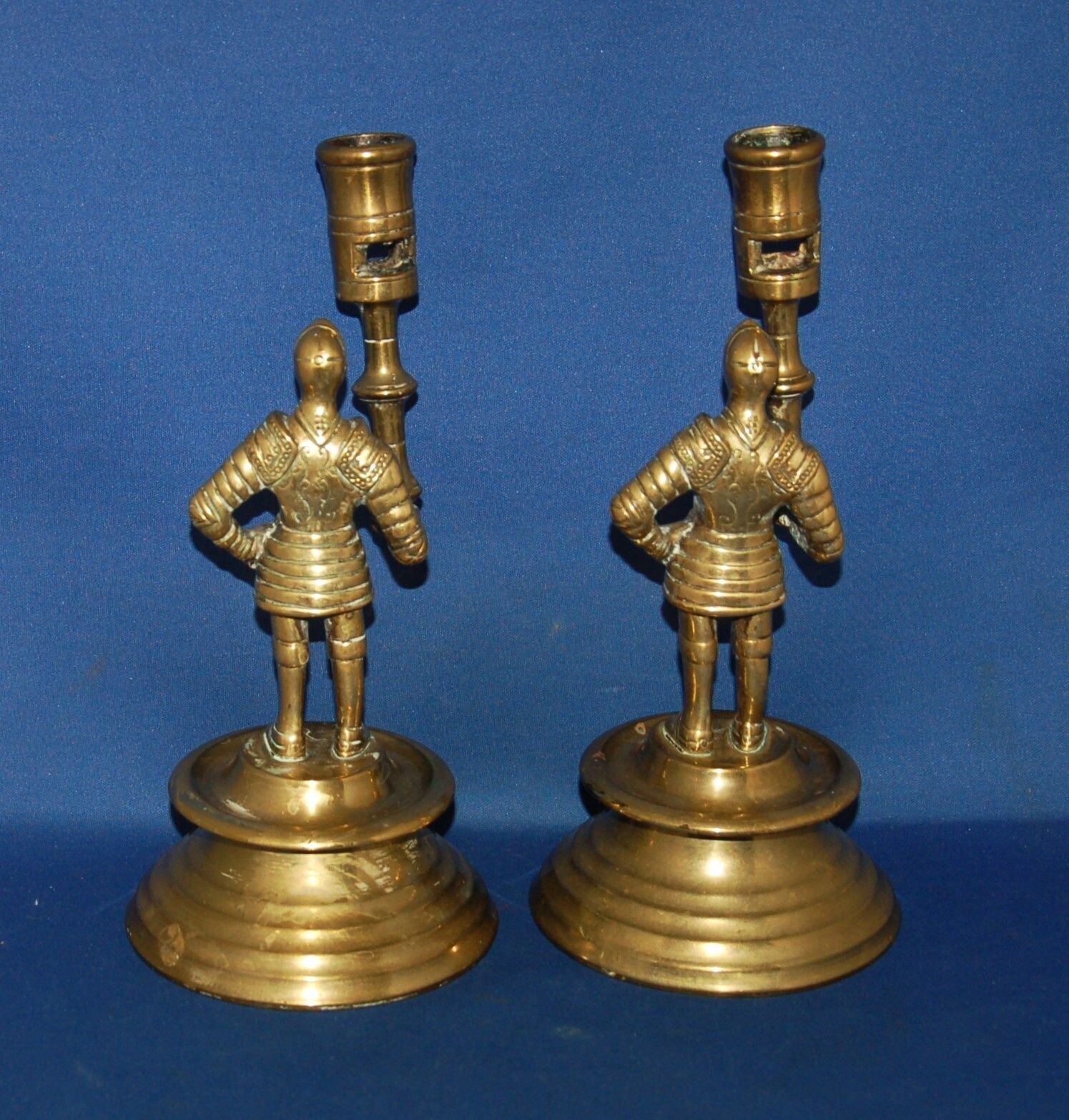 A Rare Pair Of Antique Brass Medieval Knight Candlesticks, 8.7 " Height, photo for sale