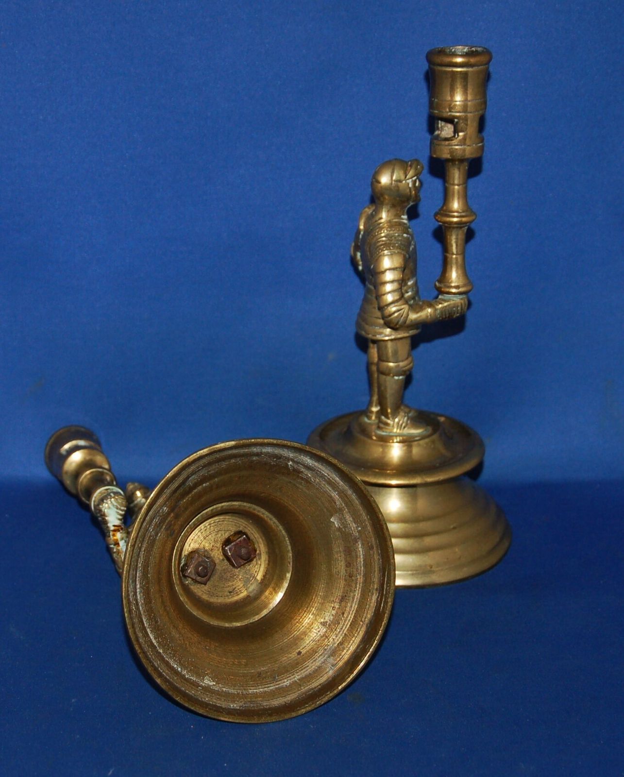 A Rare Pair Of Antique Brass Medieval Knight Candlesticks, 8.7 " Height, photo 85.0