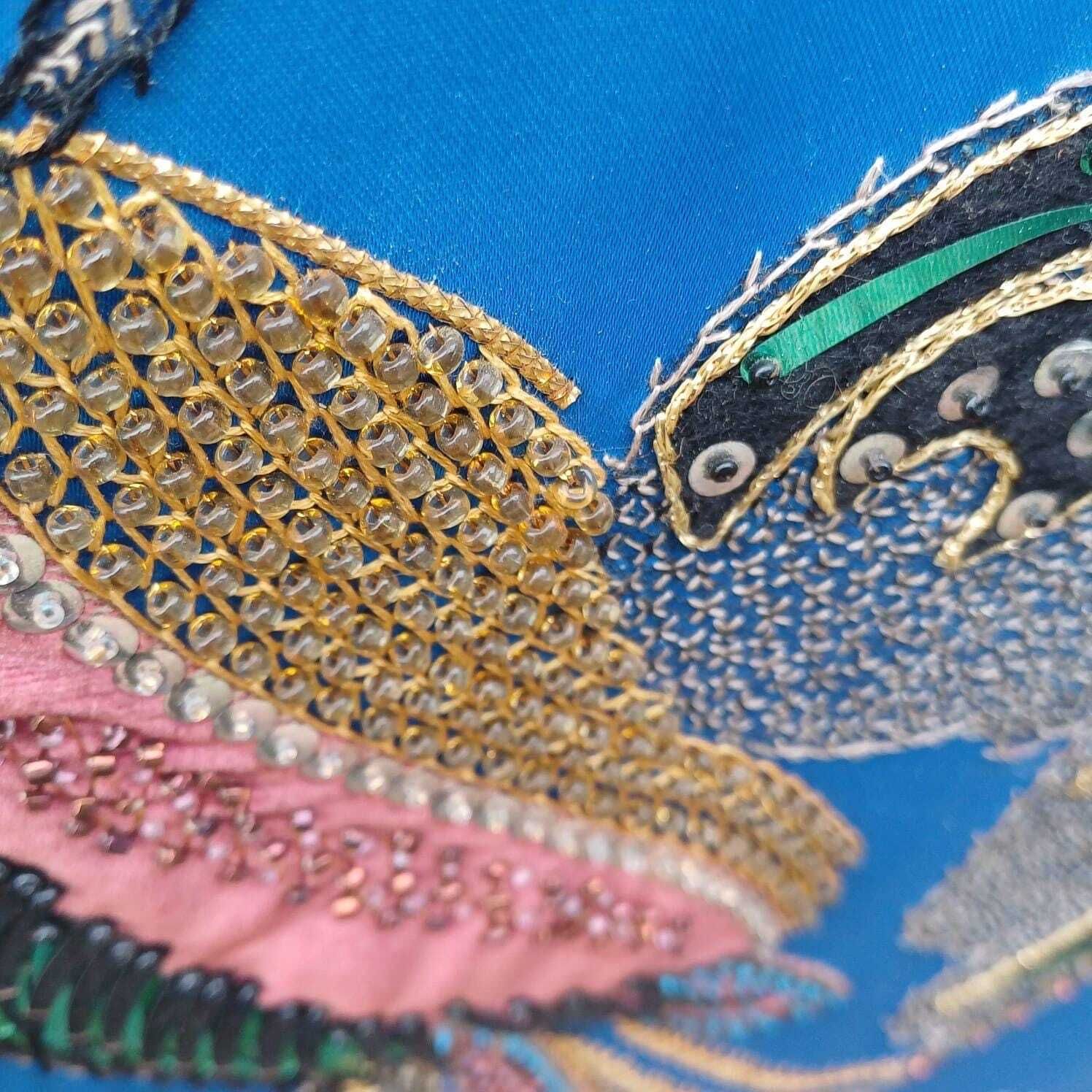 Bird Of Paradise / Chakora Vintage Collage, Needlepoint And Mixed Media Picture   Stunning Craft Work   In Vintage Gold Frame 58cm X 71cm photo Art