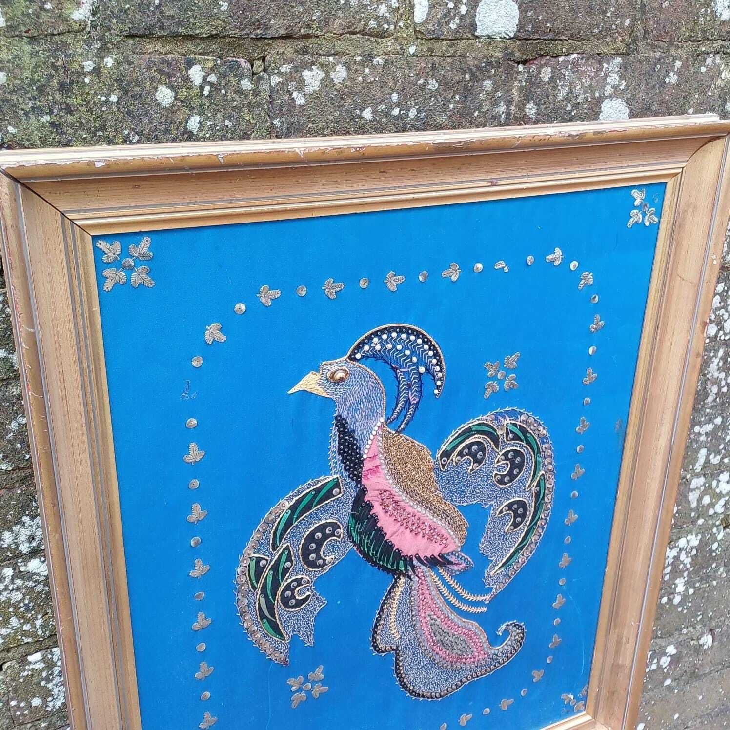 Bird Of Paradise / Chakora Vintage Collage, Needlepoint And Mixed Media Picture   Stunning Craft Work   In Vintage Gold Frame 58cm X 71cm photo vinterior