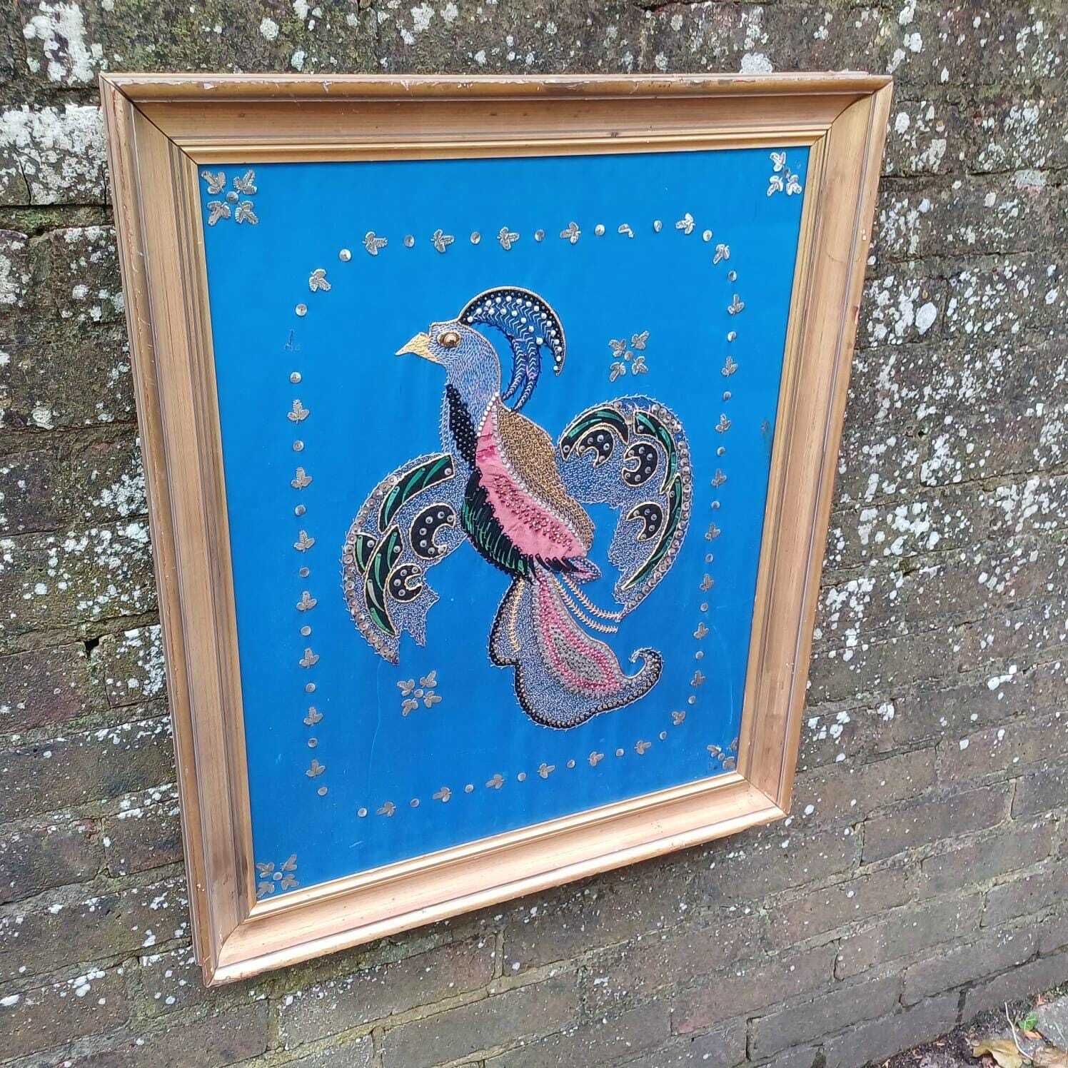 photo furniture Bird Of Paradise / Chakora Vintage Collage, Needlepoint And Mixed Media Picture   Stunning Craft Work   In Vintage Gold Frame 58cm X 71cm