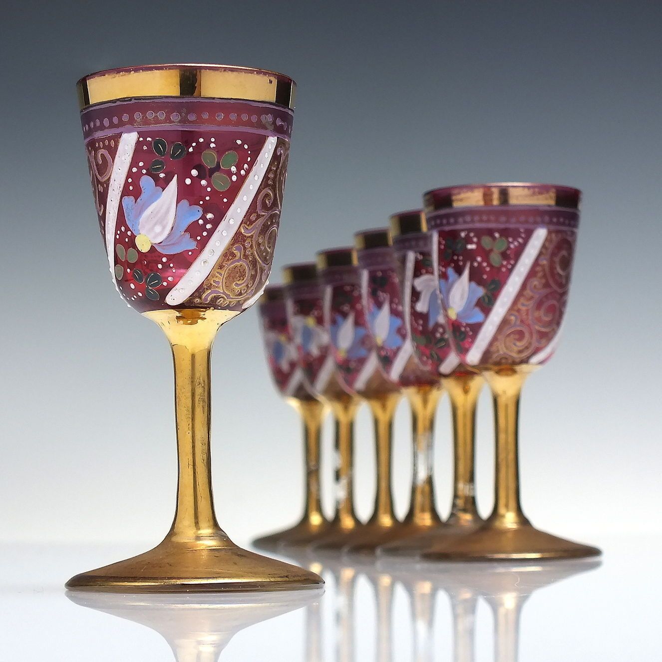 Rare Antique Bohemian Hand Enamelled Glass Liquor Bar Set C1900 photo buy