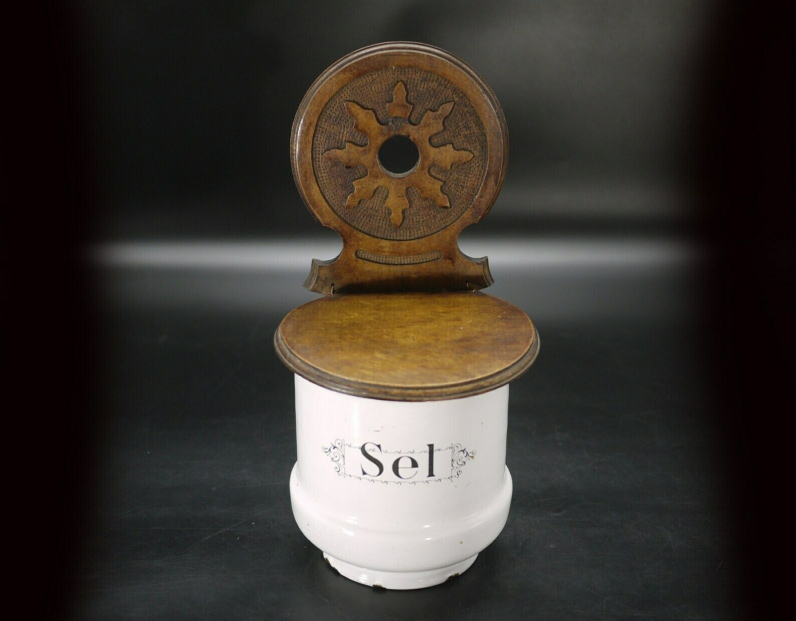 Antique French Provencal Salt Box Wood And Enamel