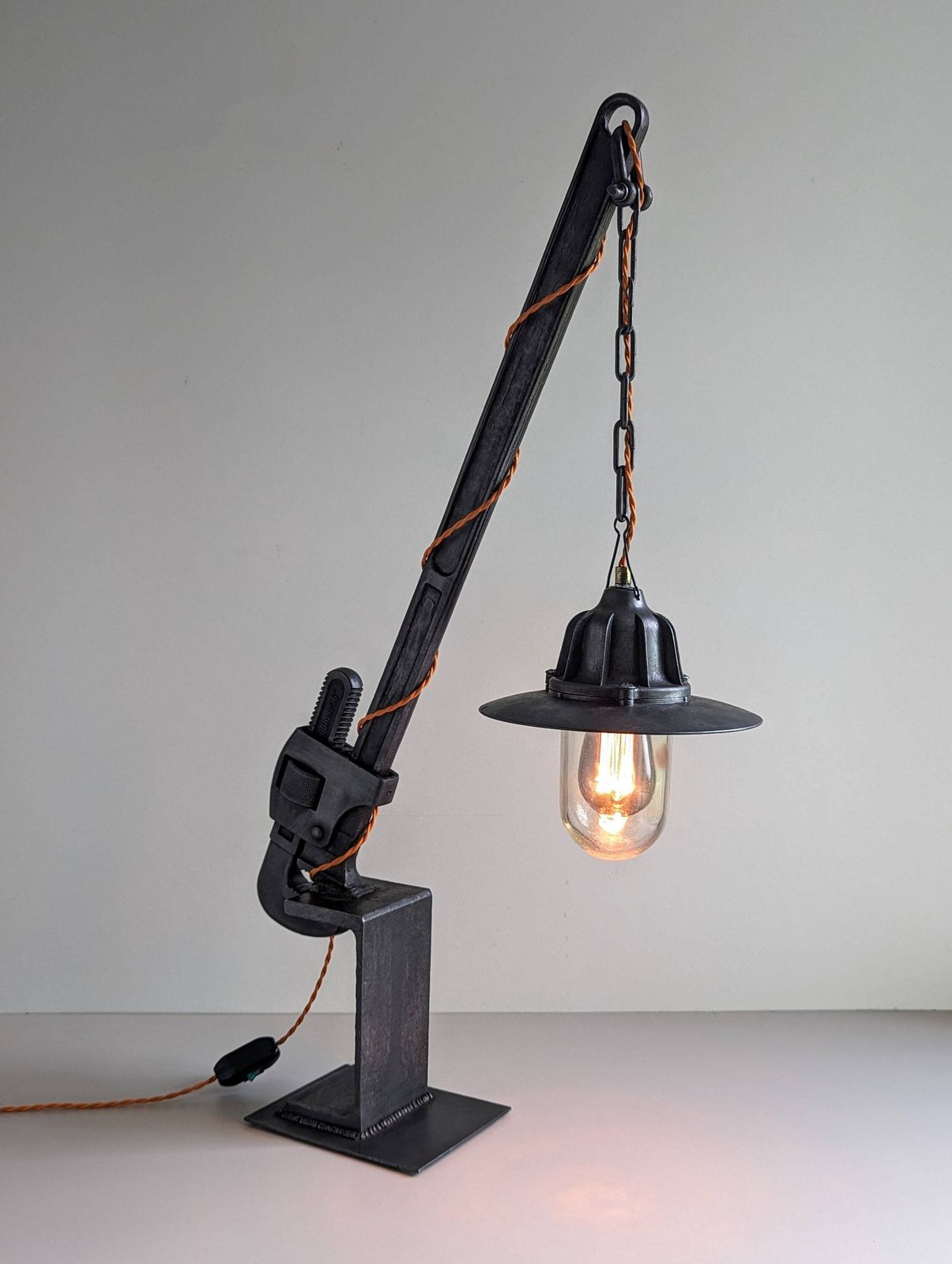 Vintage Industrial Glasgow Coughtrie & Heavy Duty Pipe Wrench Upcycled Into Statement Table Or Floor Lamp photo Lighting