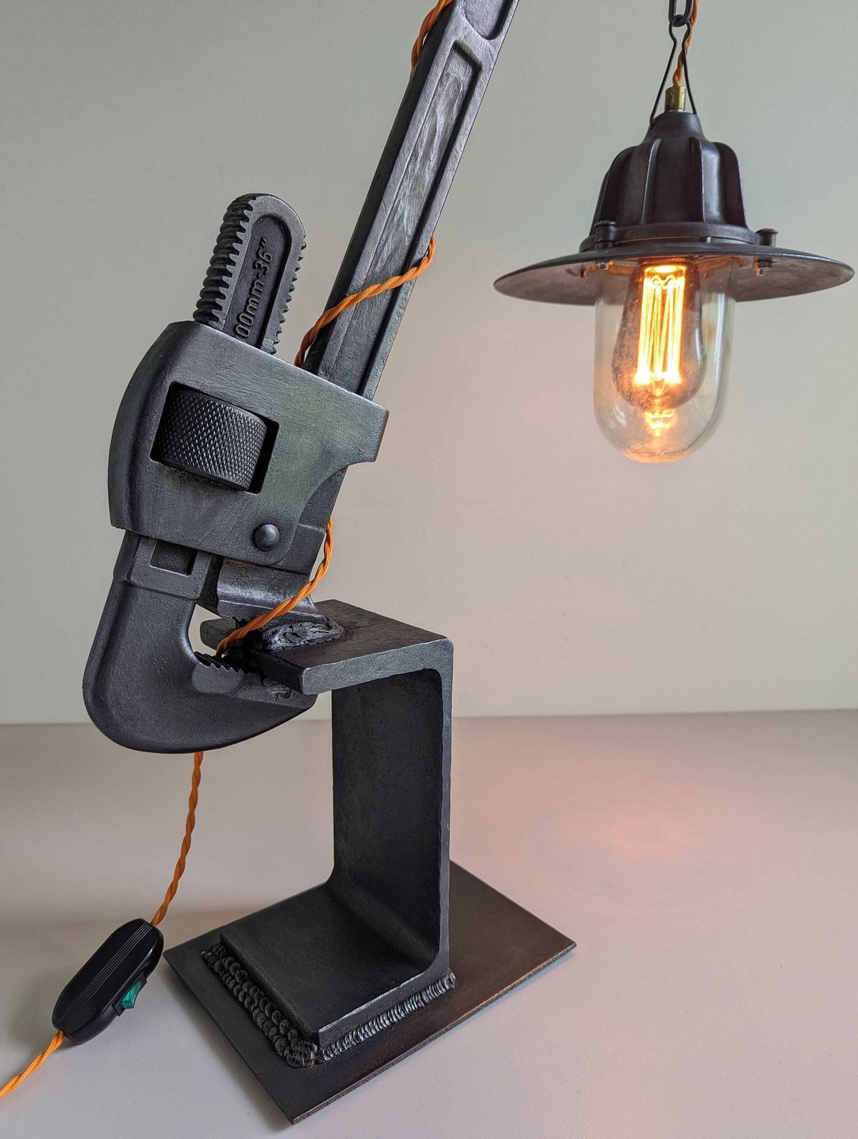 photo for sale Vintage Industrial Glasgow Coughtrie & Heavy Duty Pipe Wrench Upcycled Into Statement Table Or Floor Lamp