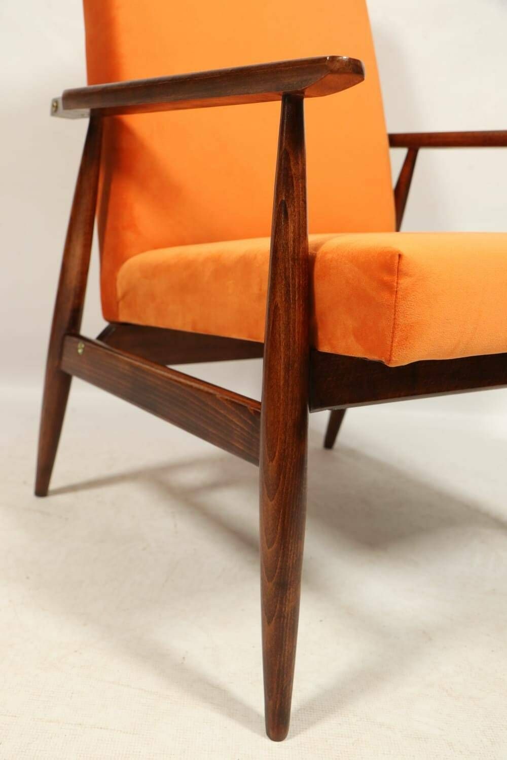 Vintage Armchair Juice Orange Velvet Brown Wood Scandinavian Lounge Chair photo vinterior