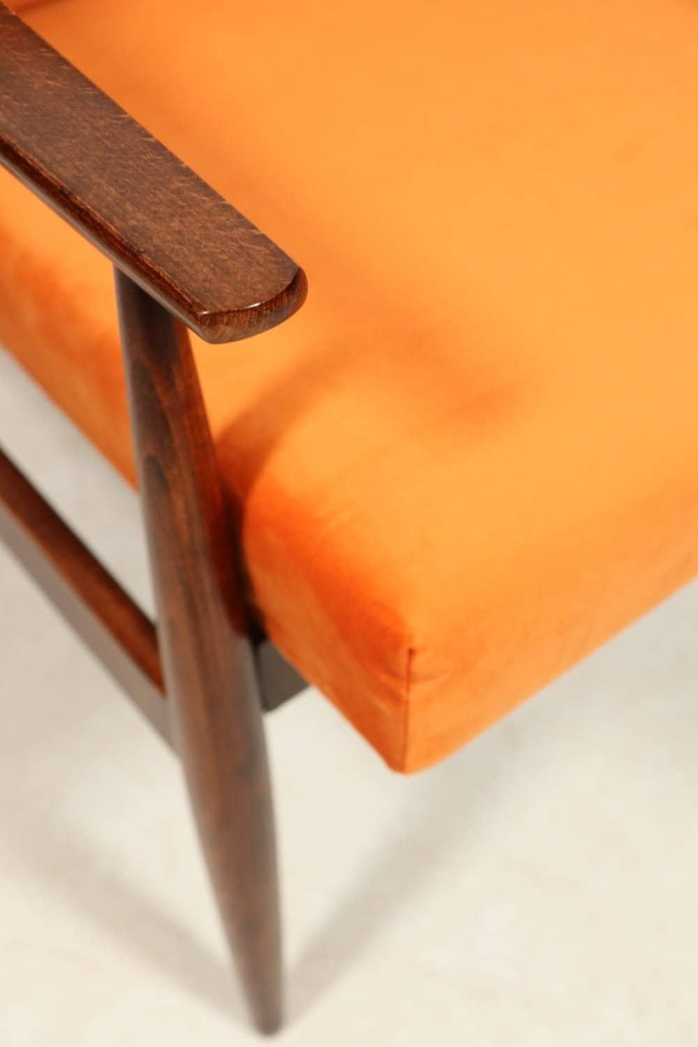 Vintage Armchair Juice Orange Velvet Brown Wood Scandinavian Lounge Chair photo buy