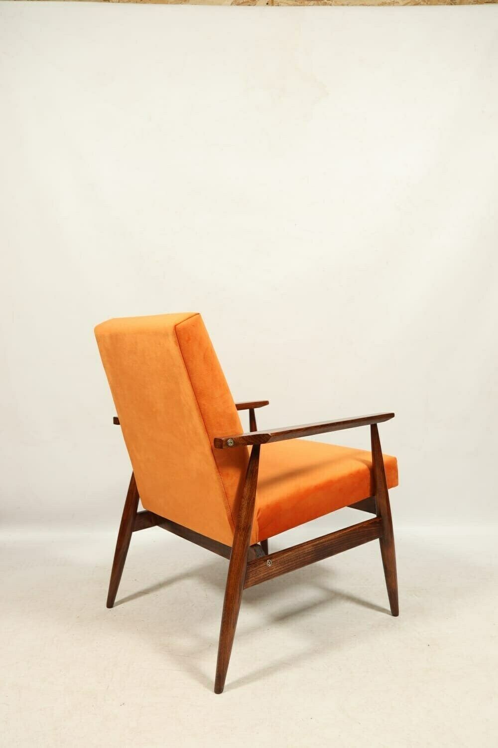 photo furniture Vintage Armchair Juice Orange Velvet Brown Wood Scandinavian Lounge Chair