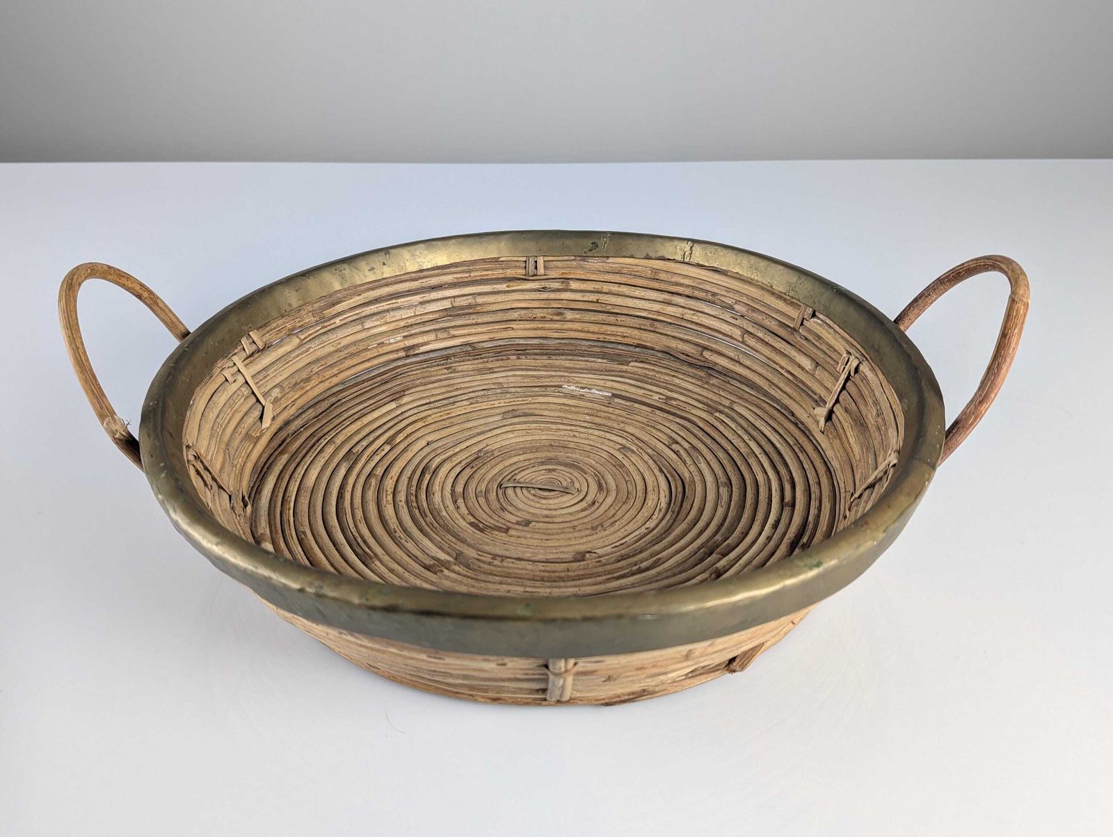 Rattan And Brass Centerpiece Basket With Handles Gabriella Crespi 1970s Style photo buy