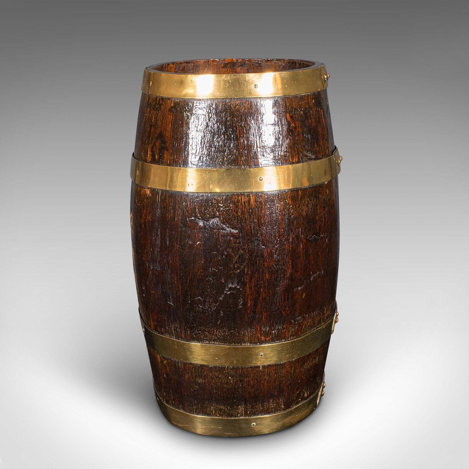 Antique Oval Stick Stand, English Oak, Coopered Barrel, Umbrella Loop, Victorian photo 895.0