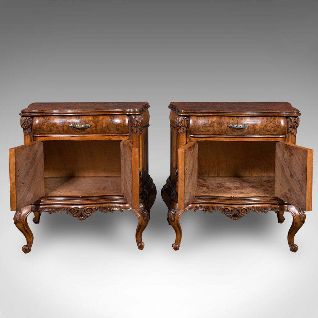 Pair Of Vintage Bedside Cabinets, Italian, Walnut, Bedroom Nightstand, Rococo photo for sale