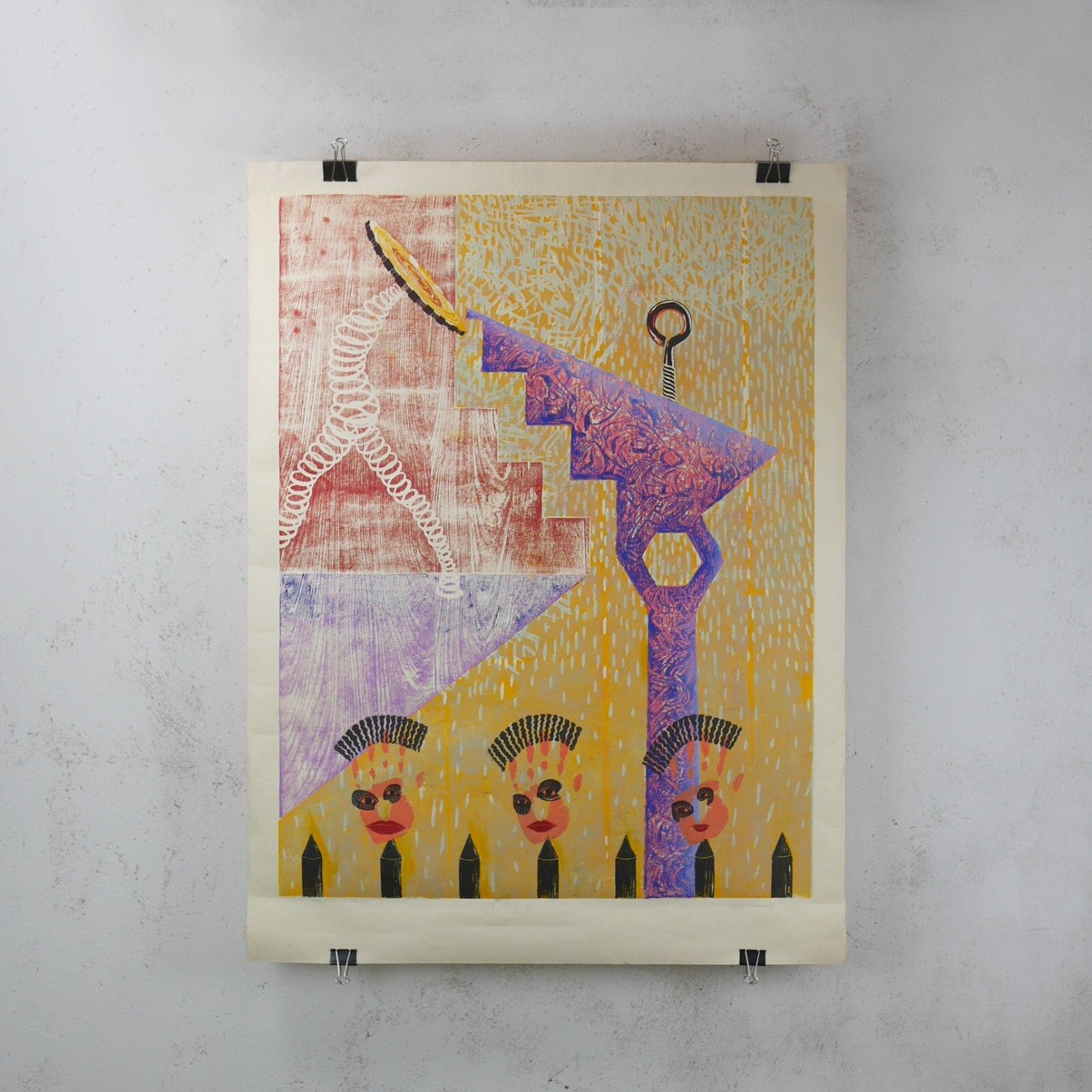 Large Original Signed Art Abstract Wood & Screen Print Paper #102770