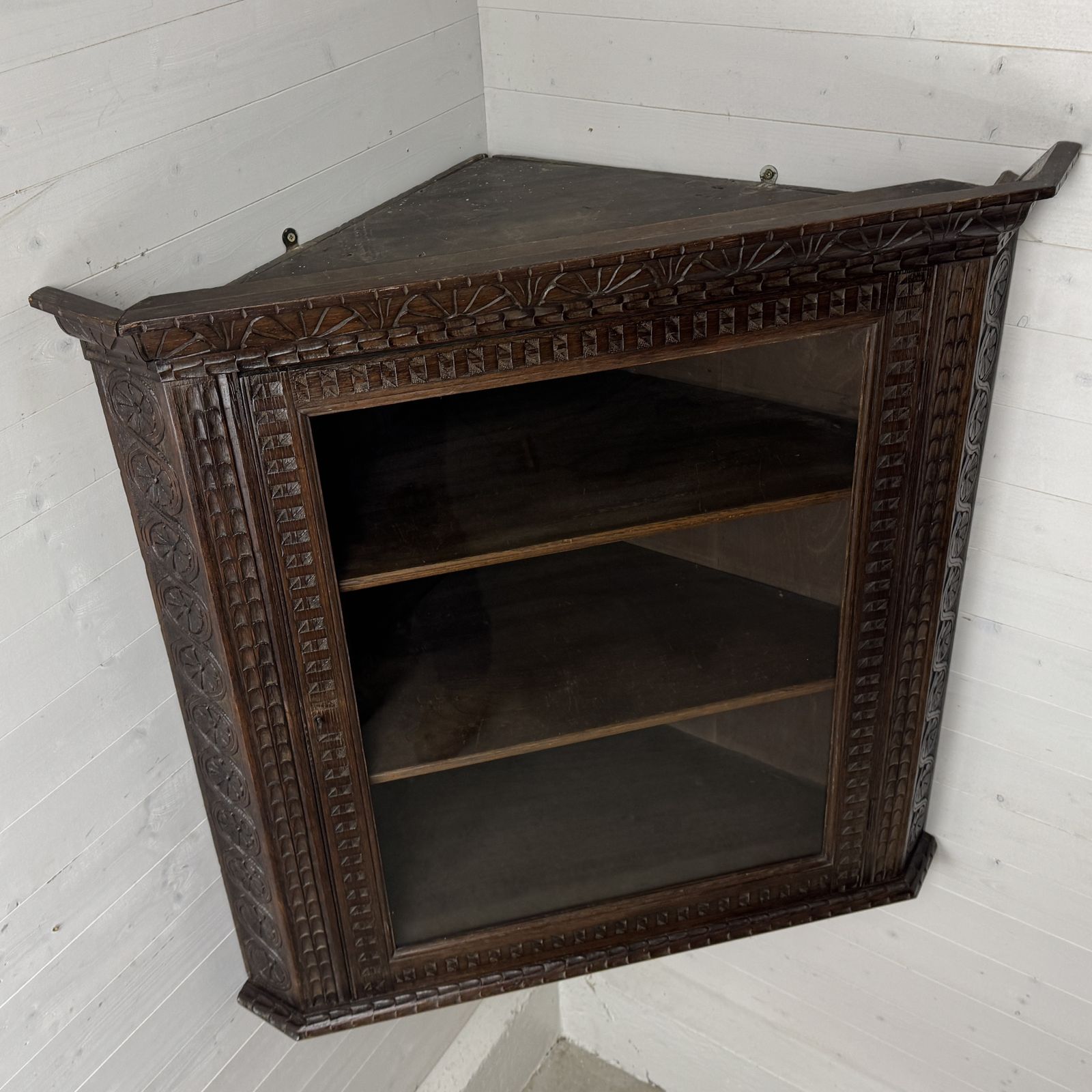 Antique Carved Oak Corner Cabinet With Key photo for sale