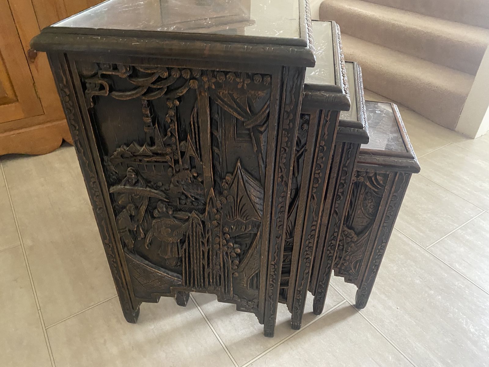 Oriental Carved Dark Wood Nest Of Tables