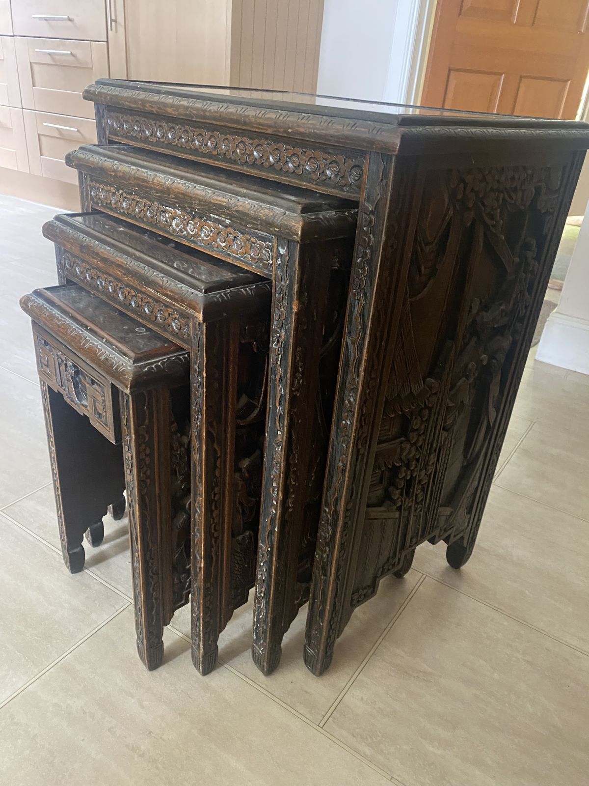 Oriental Carved Dark Wood Nest Of Tables photo for sale