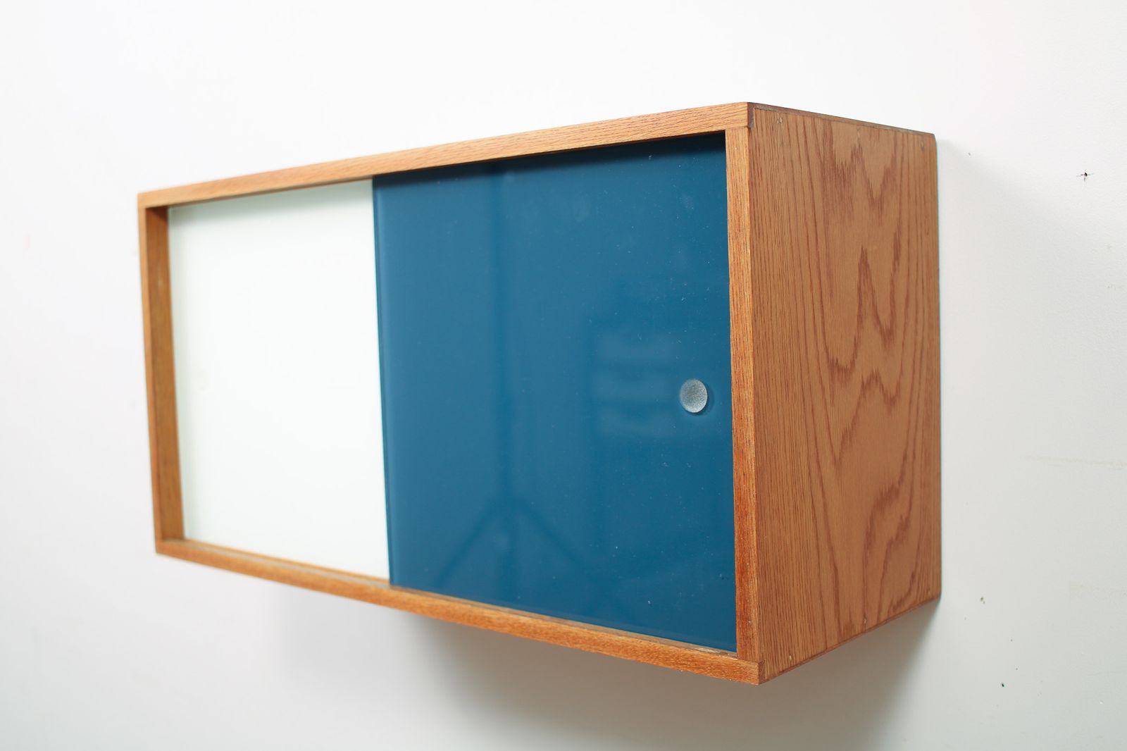 A Vintage Mid Century Wall Hung Oak Cabinet, Blue & White Sliding Glass Doors photo buy