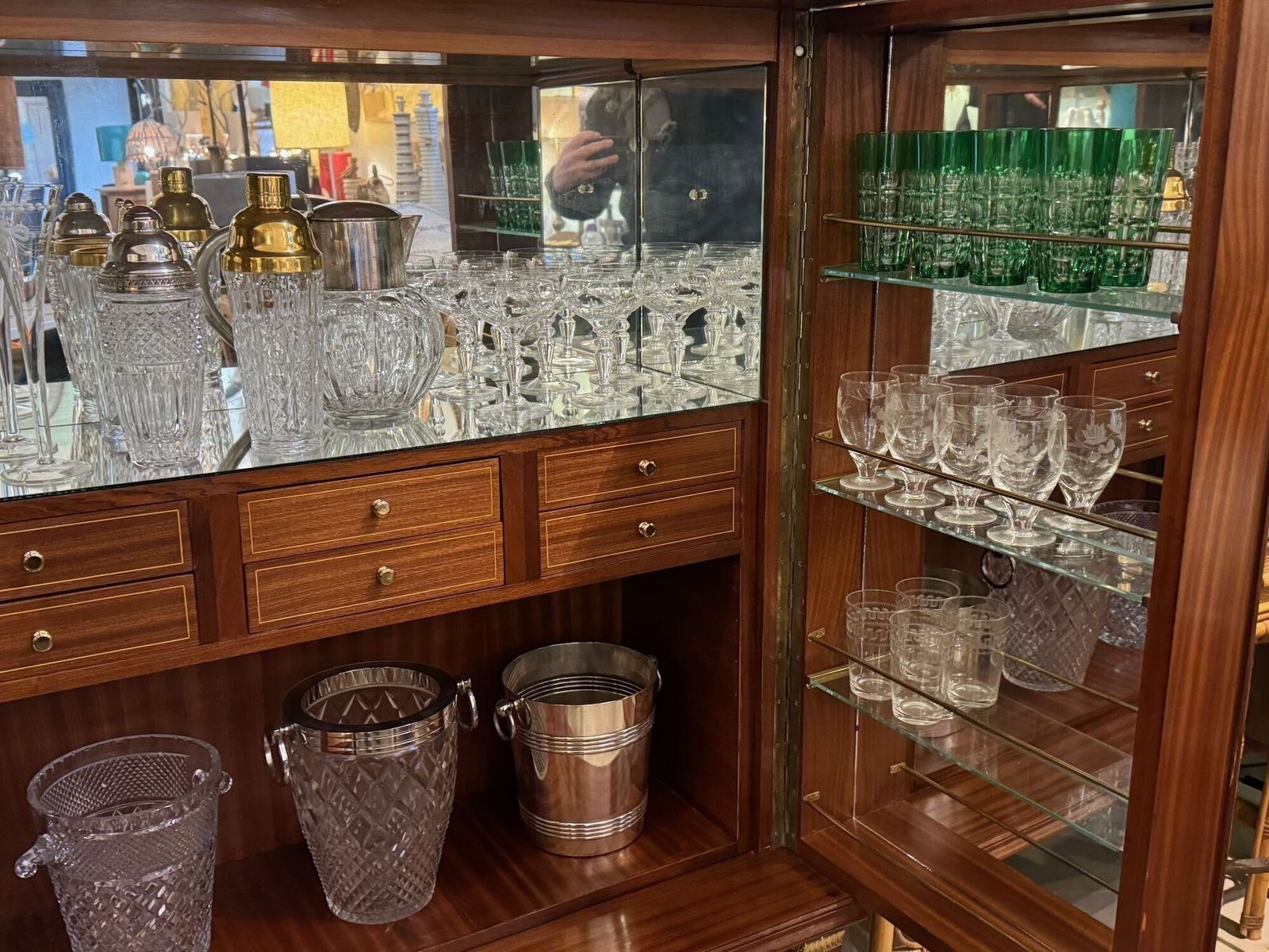 photo for sale A Wonderful 1950s Two Doored Bar Cabinet By Poalo Buffa With Faux Malachite Panels