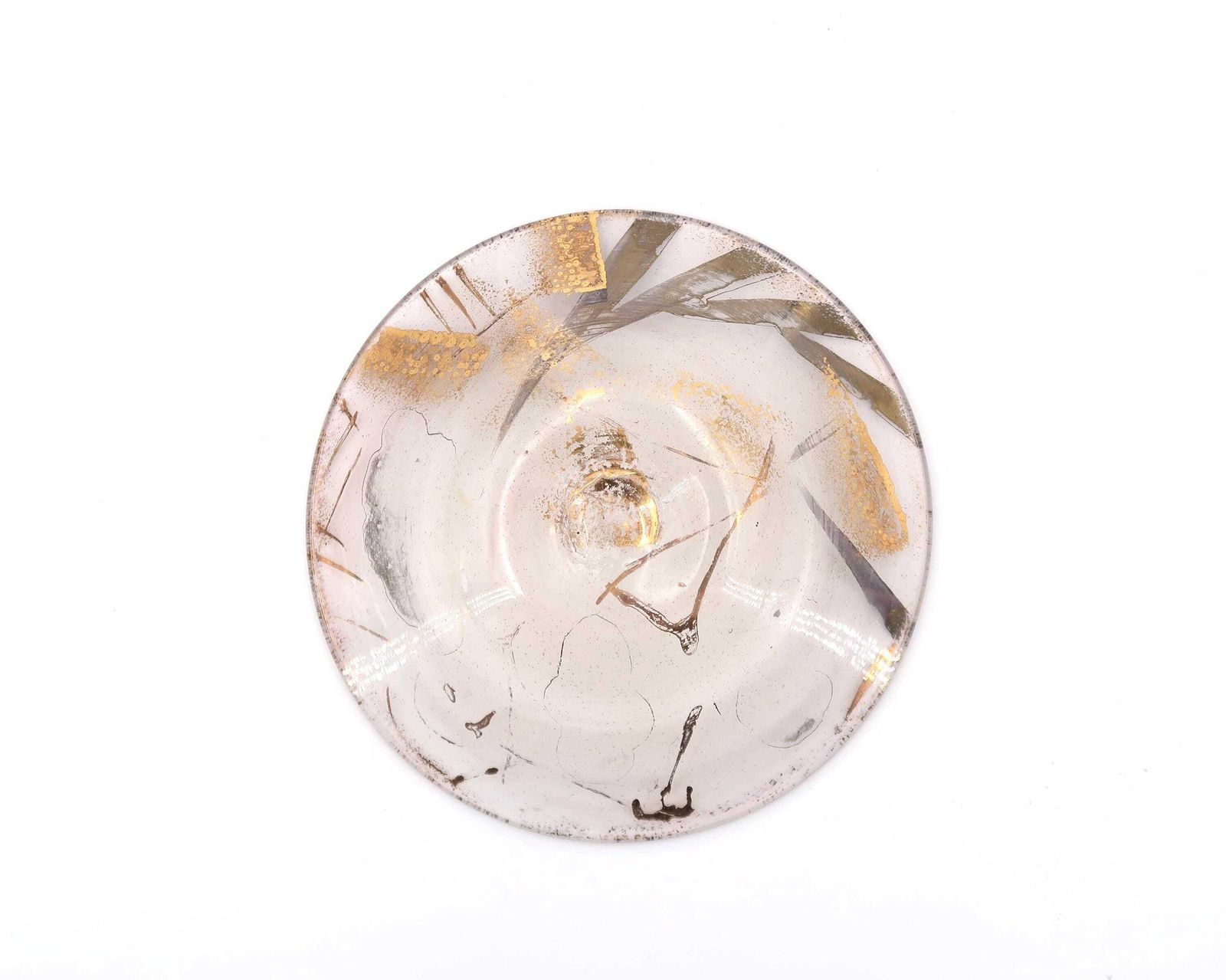 French Art Glass Dish Bowl With Gold And Silver Abstract Decor By Jean Paul Van Lith, Biot 1980s / Minimalist Ring Dish photo vintage